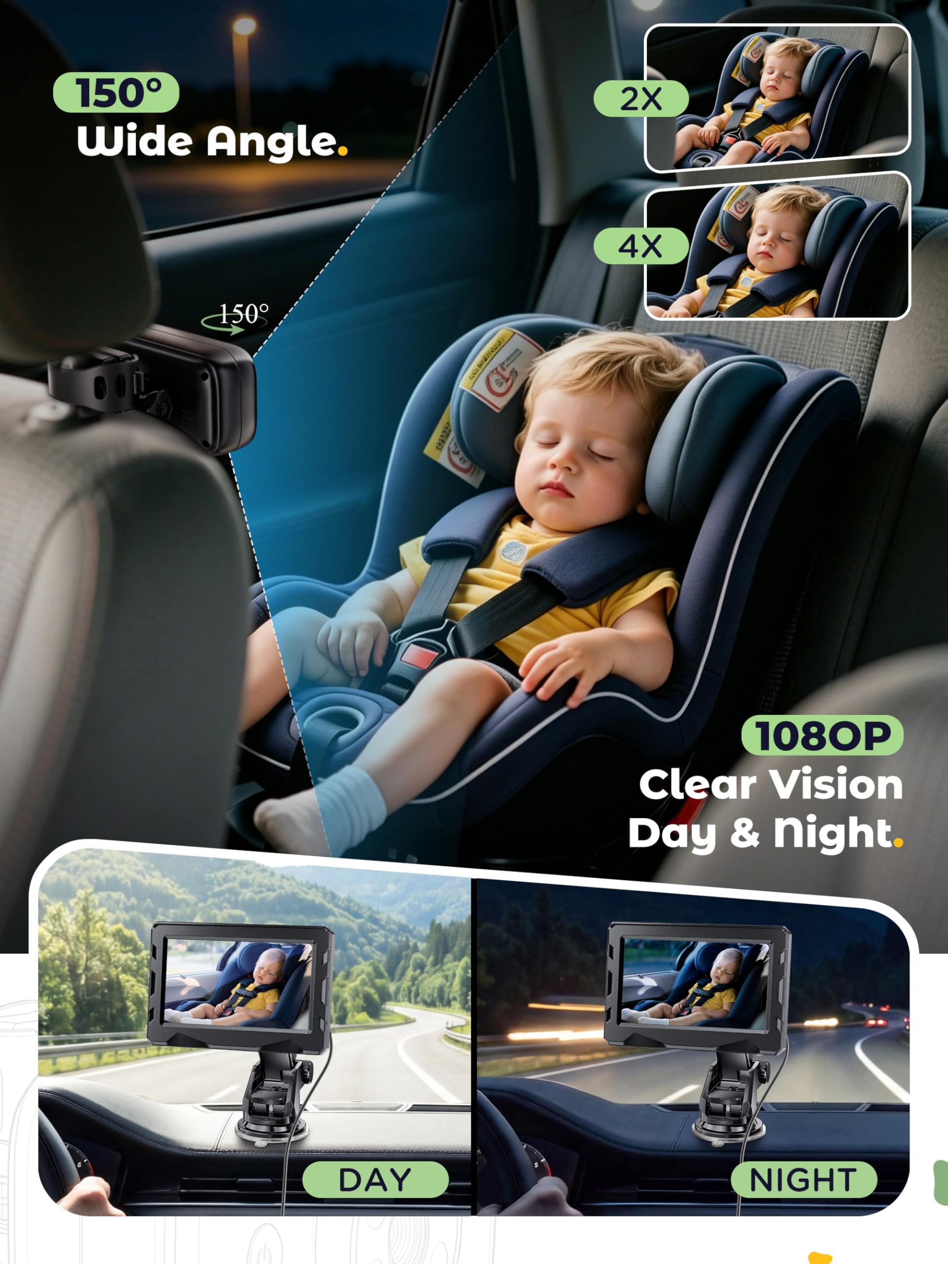 Cámara de bebé inalámbrica para coche HD 1080P, espejo de coche con visión nocturna, batería de 10000 mAh, pantalla HD de 4,3 pulgadas