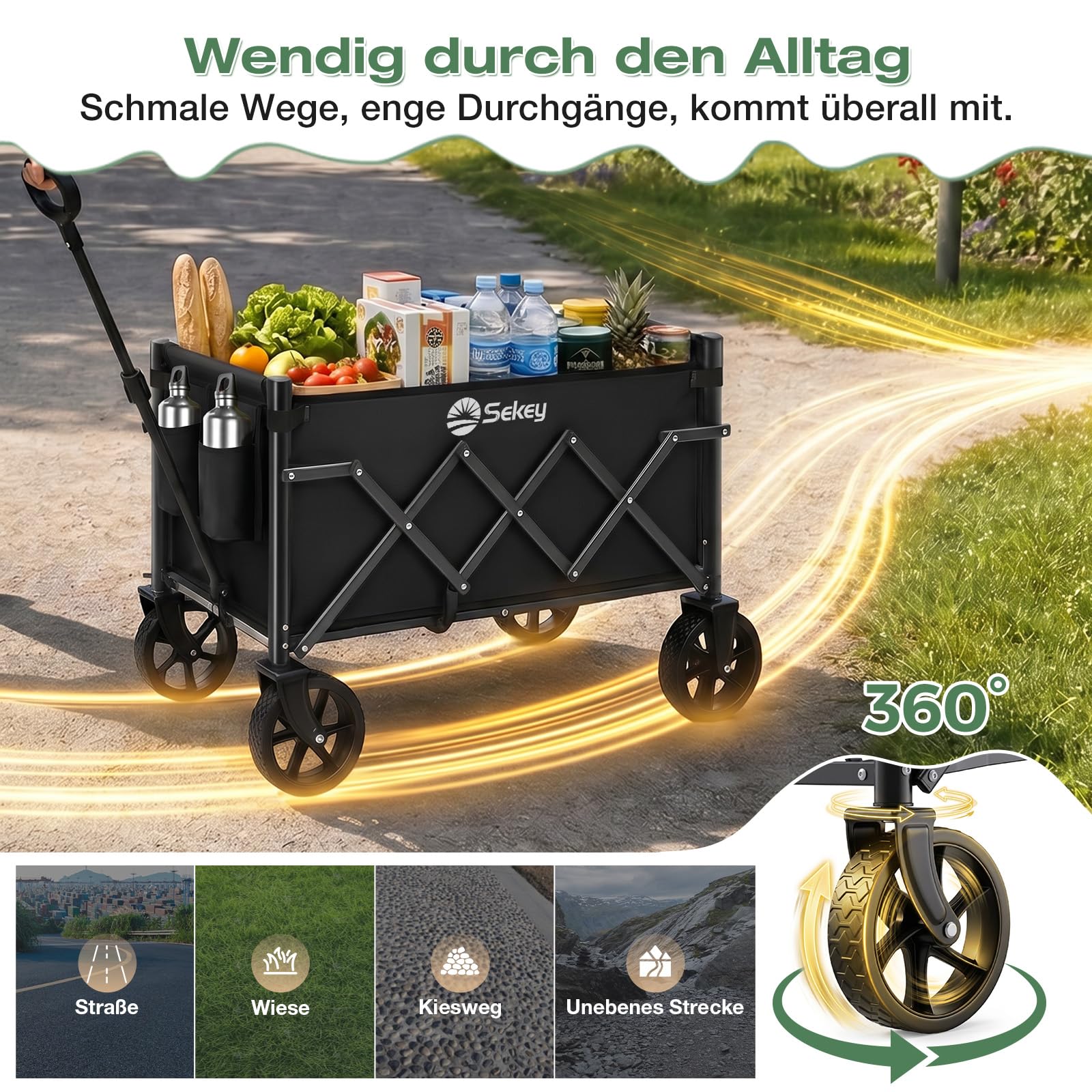 Sekey Bollerwagen Faltbar Klein 80KG, Handwagen Klappbar, Faltbarer Einkaufswagen Campingwagen mit Höhenverstellbarem Griff, Leicht & Platzsparend & Stabil, Mini 4029, Schwarz