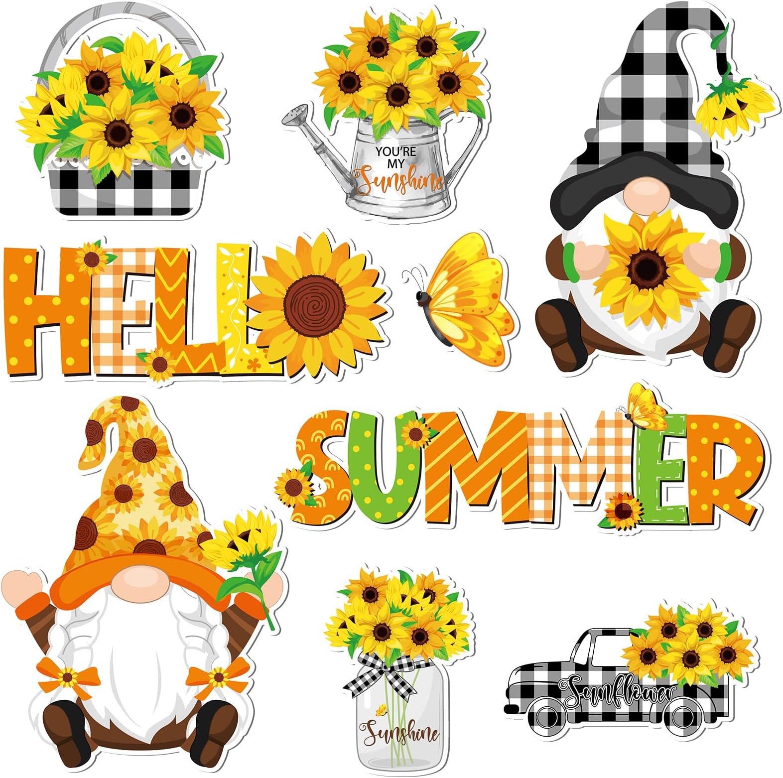 Copkim 9 Pieces Summer Magnets Gnomes Sunflower Butterfly Truck Magnetic Stickers Hello Summer Fridge Magnet Decals for Summer Holiday Flowers Refrigerator Metal Door Garage Car Decorations