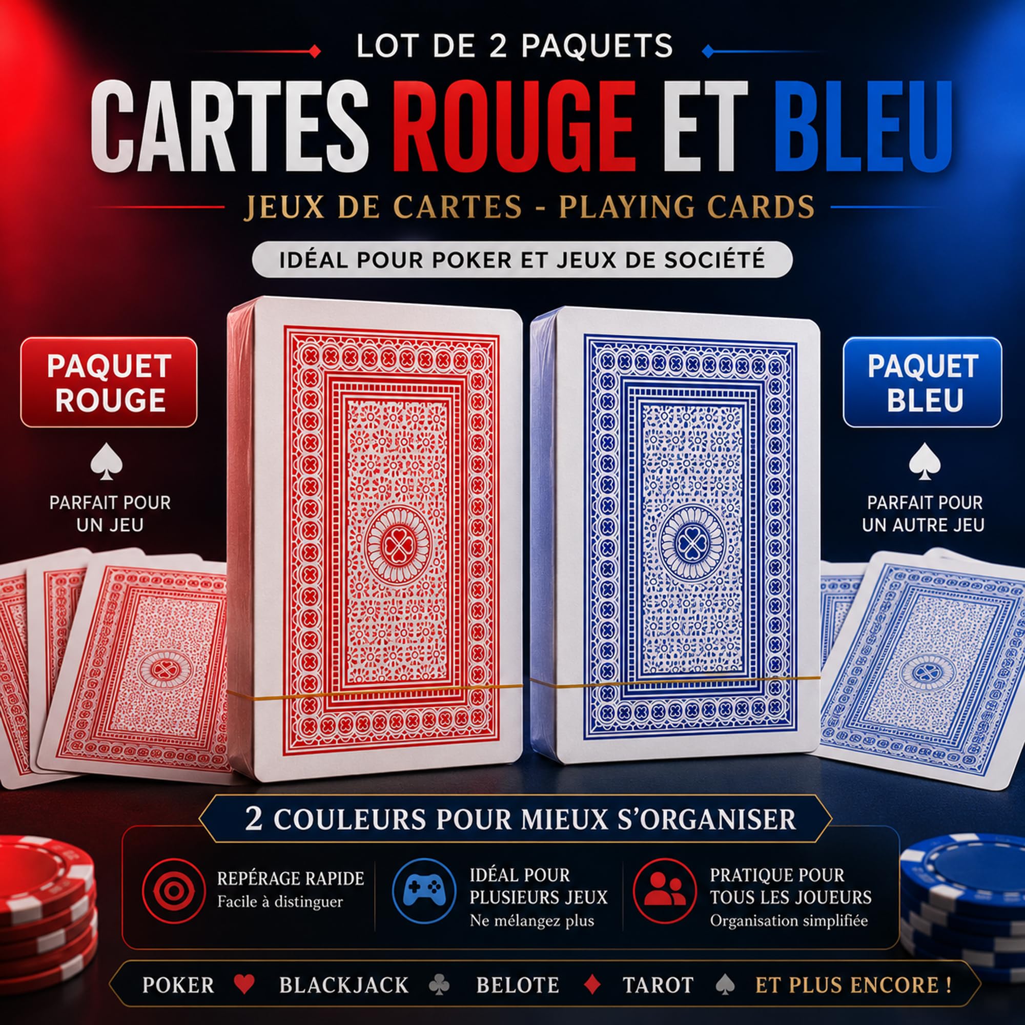 Jeux de Cartes Rouge et Bleu Lot de 2 - Cartes à Jouer pour Poker et Jeux de Société