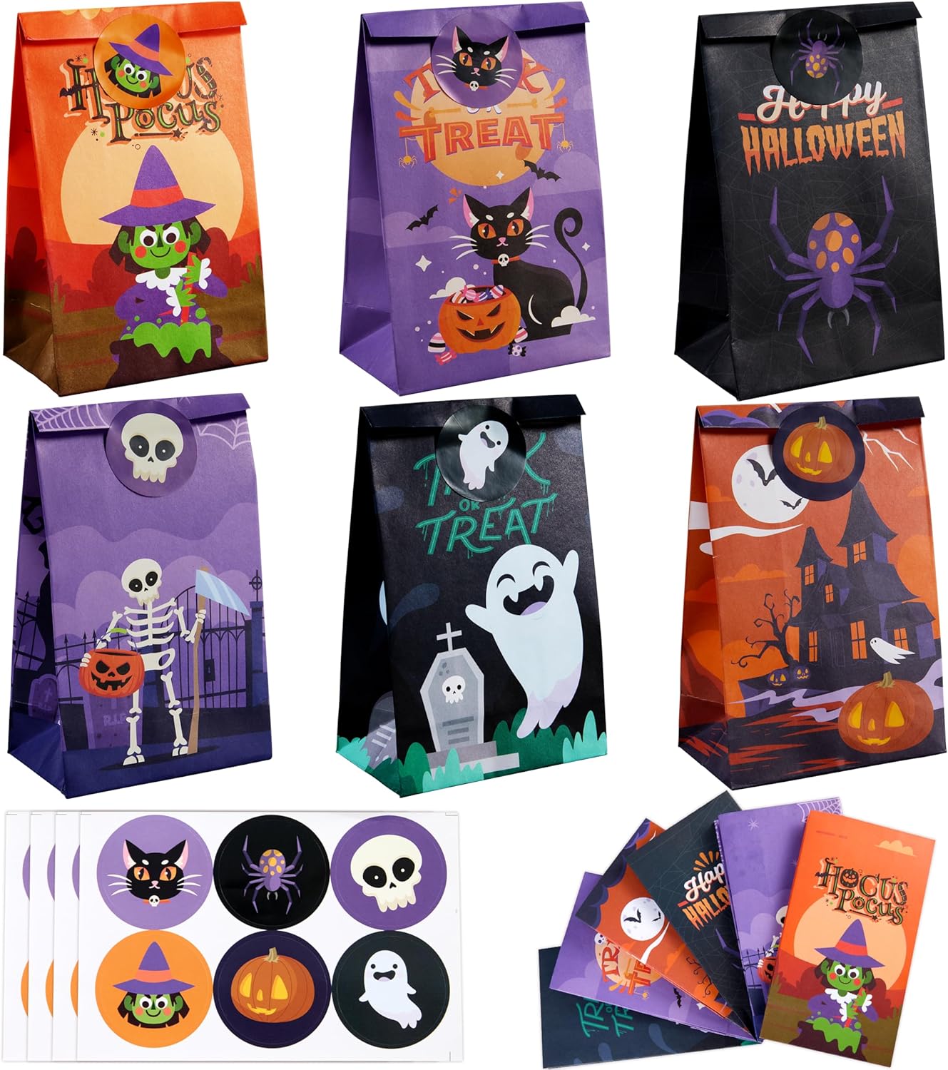 JOYIN 24 PCS Halloween Treat Bags with Stickers, Candy and Goodie Bags for Halloween Party Favors Supplies, Trick or Treat Bag for Kids, Students Classroom Exchange Game Prize