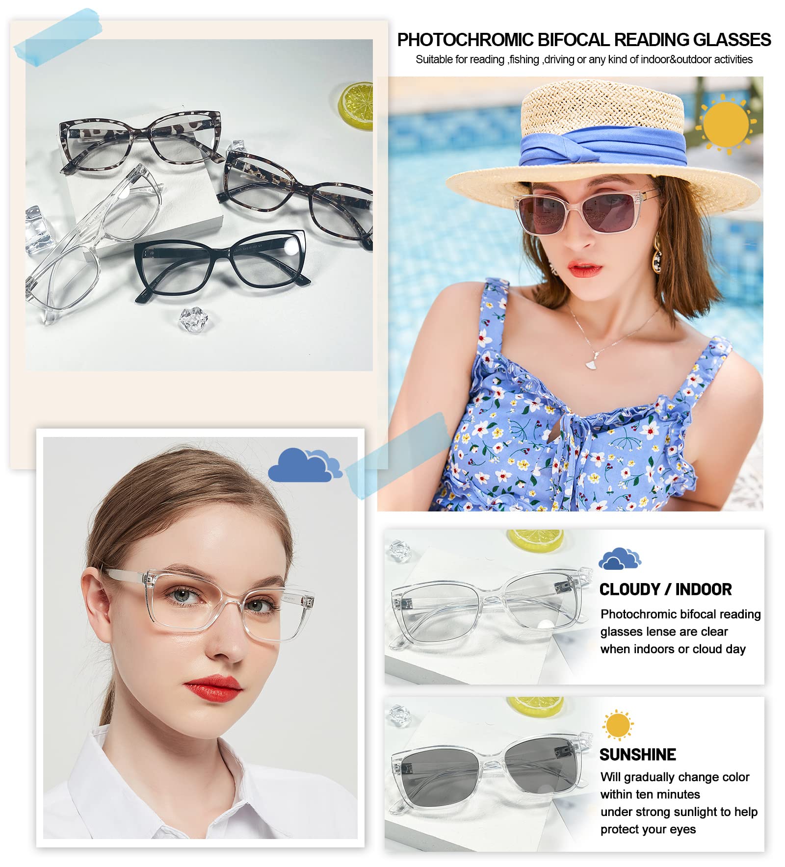 OCCI CHIARI Transition Photochromic Bifocal Reading Glasses Womens,Trendy Clear UV Protection Sunglasses Readers1.0 1.5 2.0 2.5 3.0 3.5 4.0(Clean +250)