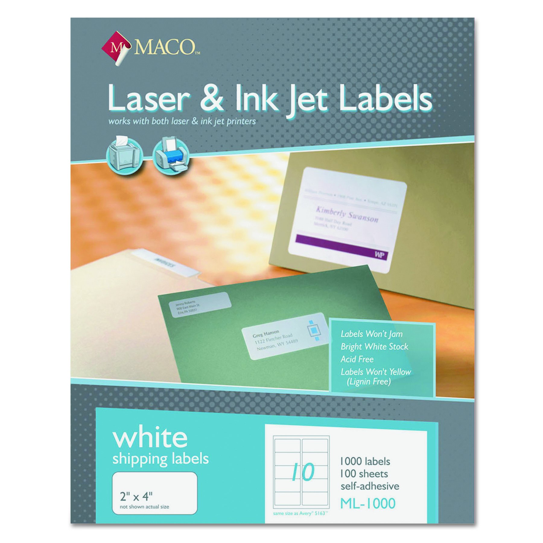Chartpak MACO ML1000 White Laser/Inkjet Shipping & Address Labels, 2 x 4 (Box of 1000)