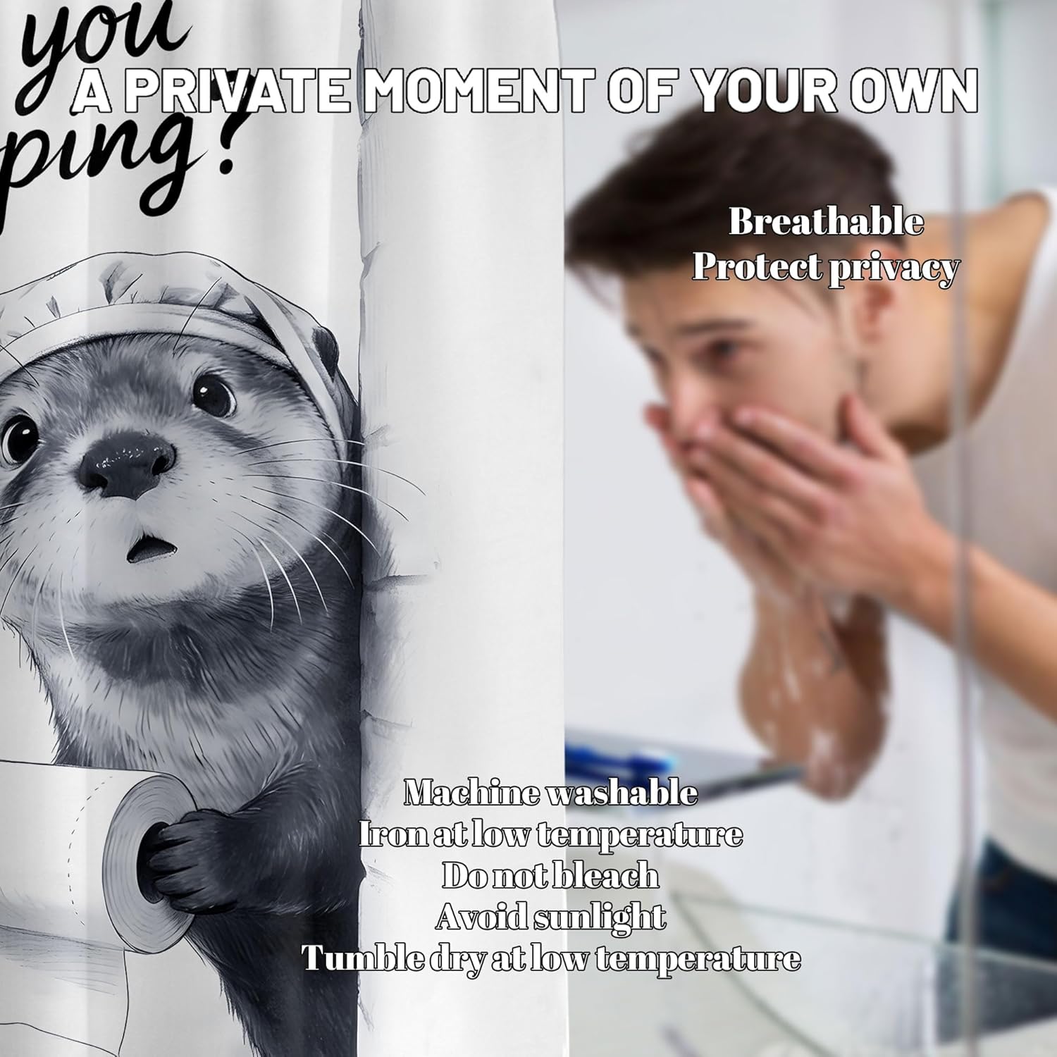 Funny Otter Shower Curtain Cute Black and Grey Animal Unique Shower Curtains for Bathroom Decor Sets, Waterproof Cloth Fabric with Hooks, 70x72 Inch