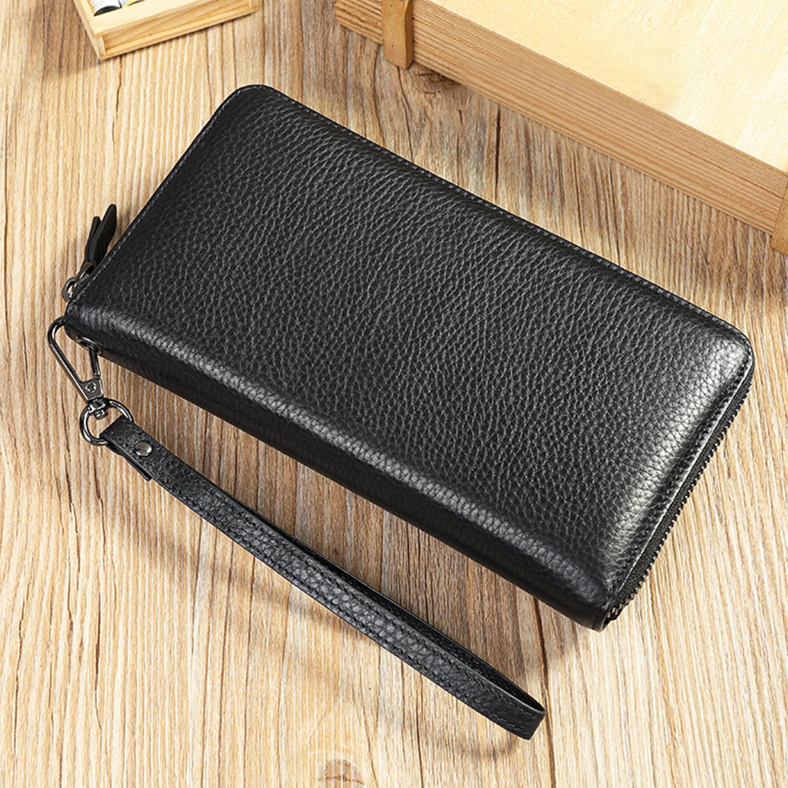 Cartera de piel de vacuno plegable delgada de gran capacidad con cremallera, regalos personalizados para papá y marido