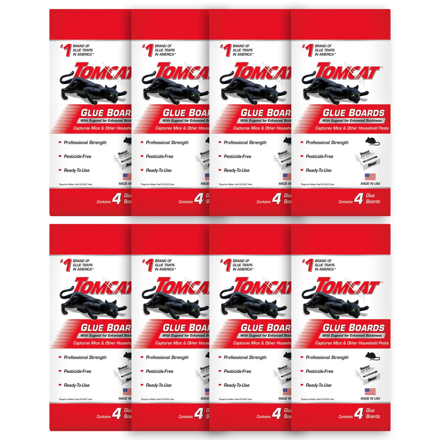 Tomcat Glue Boards with Immediate Grip Glue for Mice, Cockroaches, and Insects, Ready-to-Use, 8-Pack (32 Glue Boards)