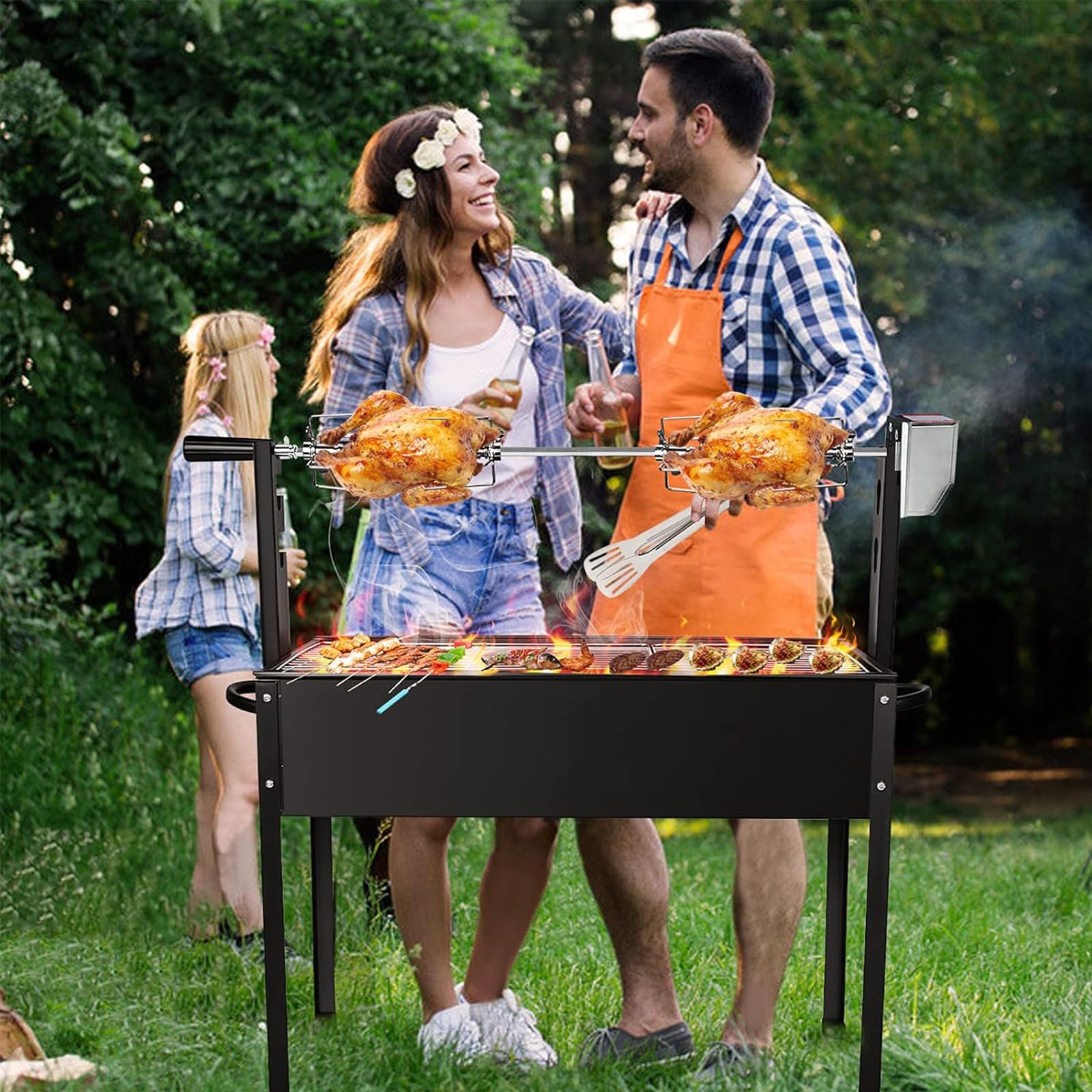 YUENFONG Motore Per Spiedini in Acciaio Inossidabile 220-240 V, Spiedo da 107 cm, Girarrosto Elettrico Con 2 Aghi Per Carne Per Barbecue, Per Attività All'aperto, Picnic in Campeggio, Feste