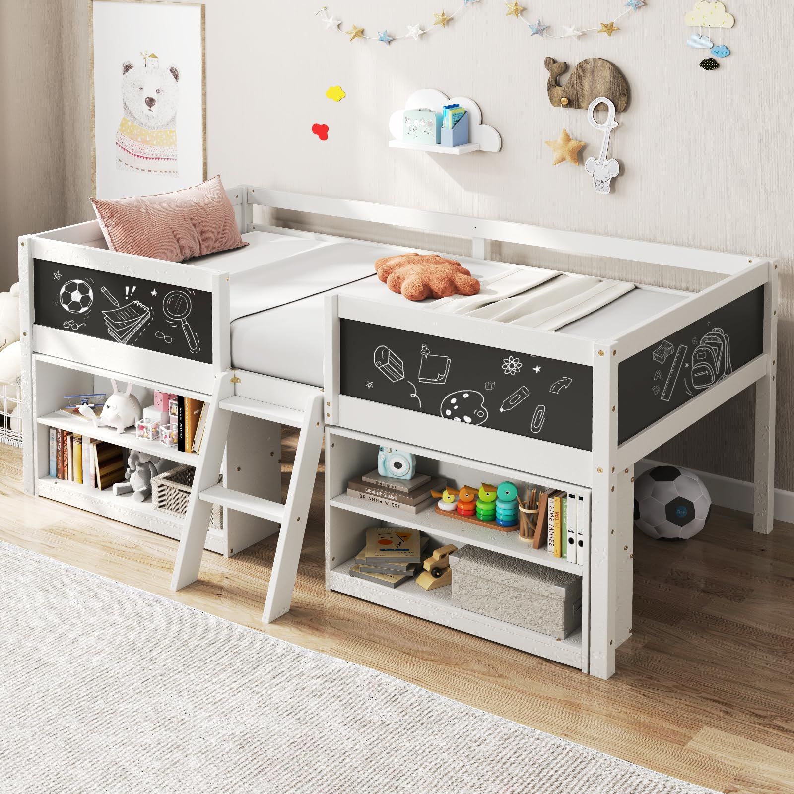 Giantex Low Loft Bed Twin Size, Wooden Loft Bed with Ladder & Blackboard, Twin Bed Frames for Kids with Storage 2 Bookcases and Play Space, White