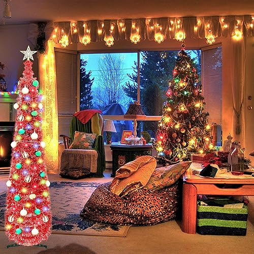 Miniatura 6 de Árbol de Navidad artificial de 5 pies con 100 luces de color, árbol de lápiz artificial brillante con estrella de bola para decoración de Navidad en