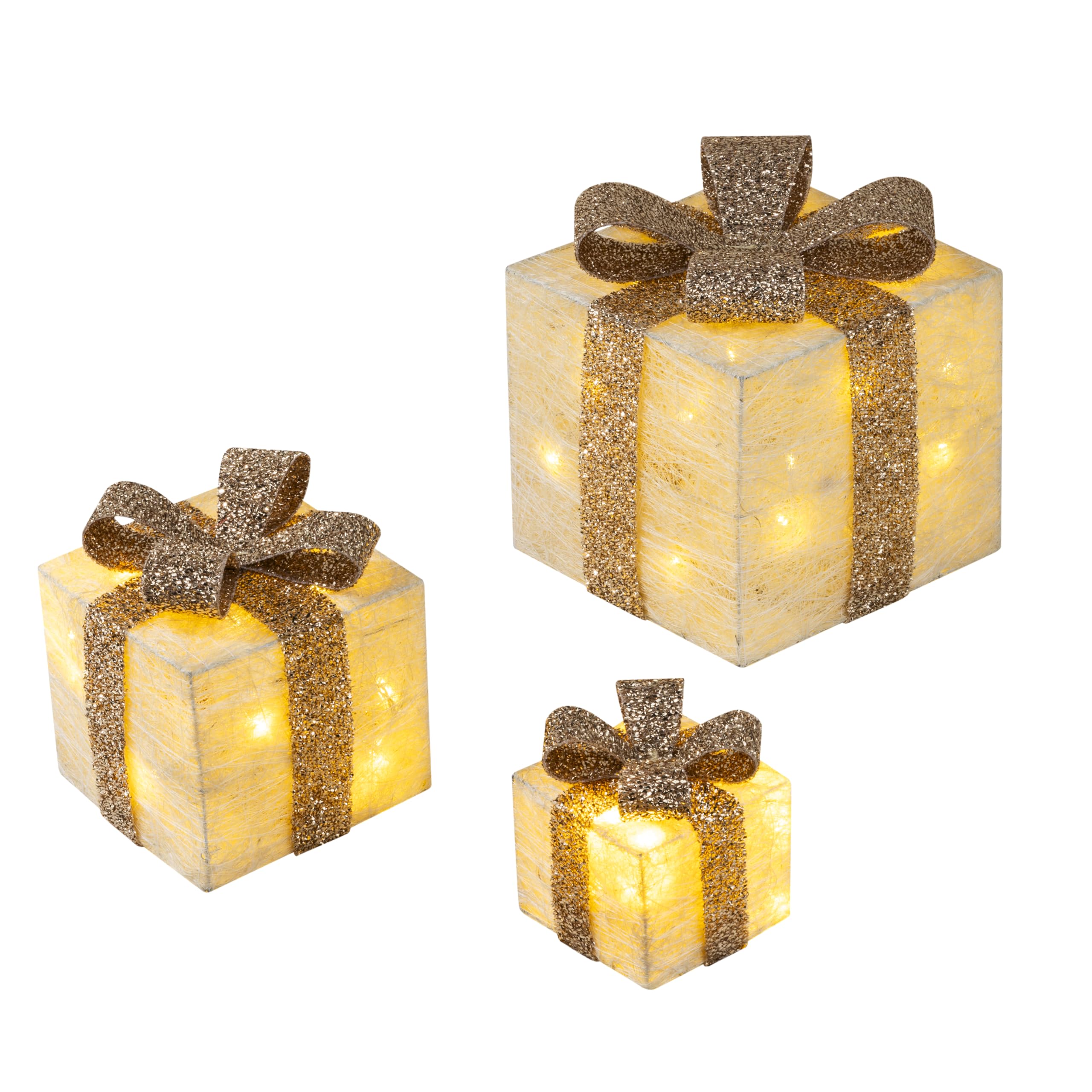 Bambelaa! Led Decoration Light Gift Boxes - Set of 3 incl. Timer Function - Christmas Decoration Christmas Decoration Lighting (Gold)