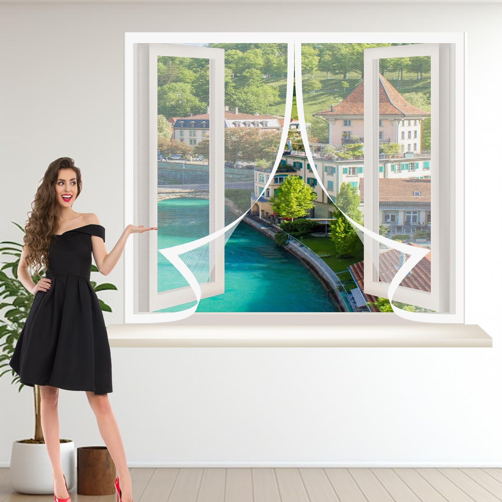 Magnetic Fly Screen Window 145 x 124 cm Keep Fly/Mosquito Out Bug Net Fly Screen Window Nets Heavy Duty Mesh Fitted to Multiple Windows, White
