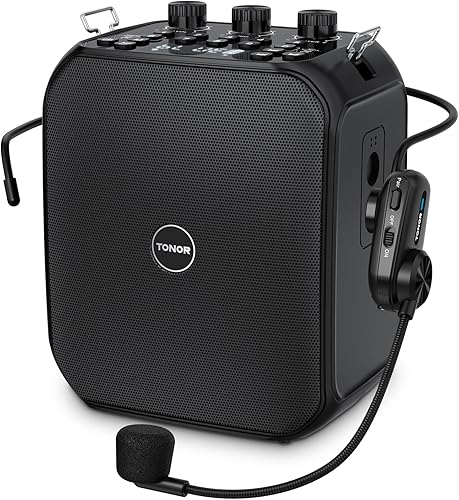 TONOR Amplificador de voz de 50 W, 6000 mAh recargable Bluetooth sistema PA personal con auriculares inalámbricos micrófono y cintura, megáfono