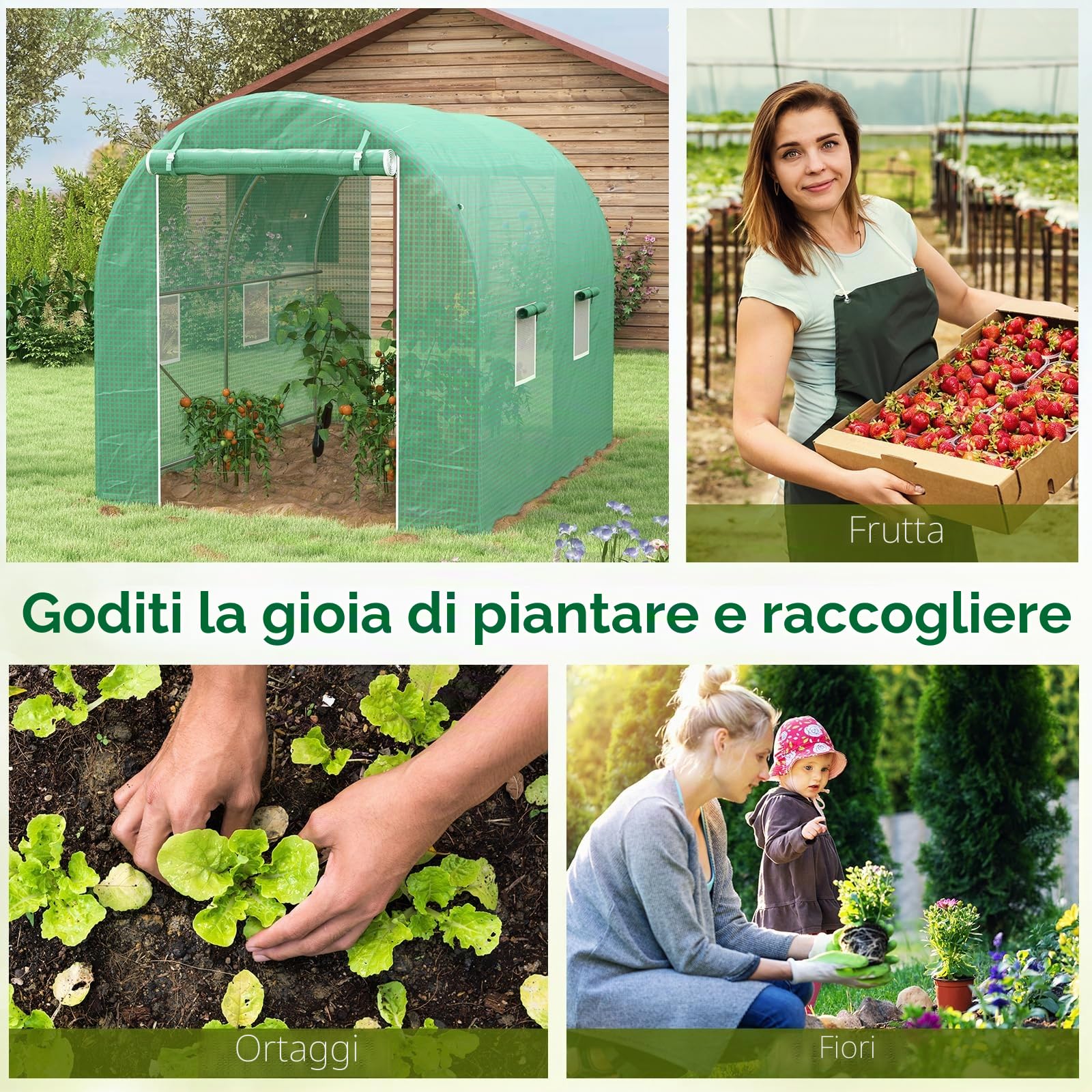Outsunny Serra da giardino tunnel telaio tubolare rinforzato porta con cerniera finestre arrotolabili verde (300x200x205cm)