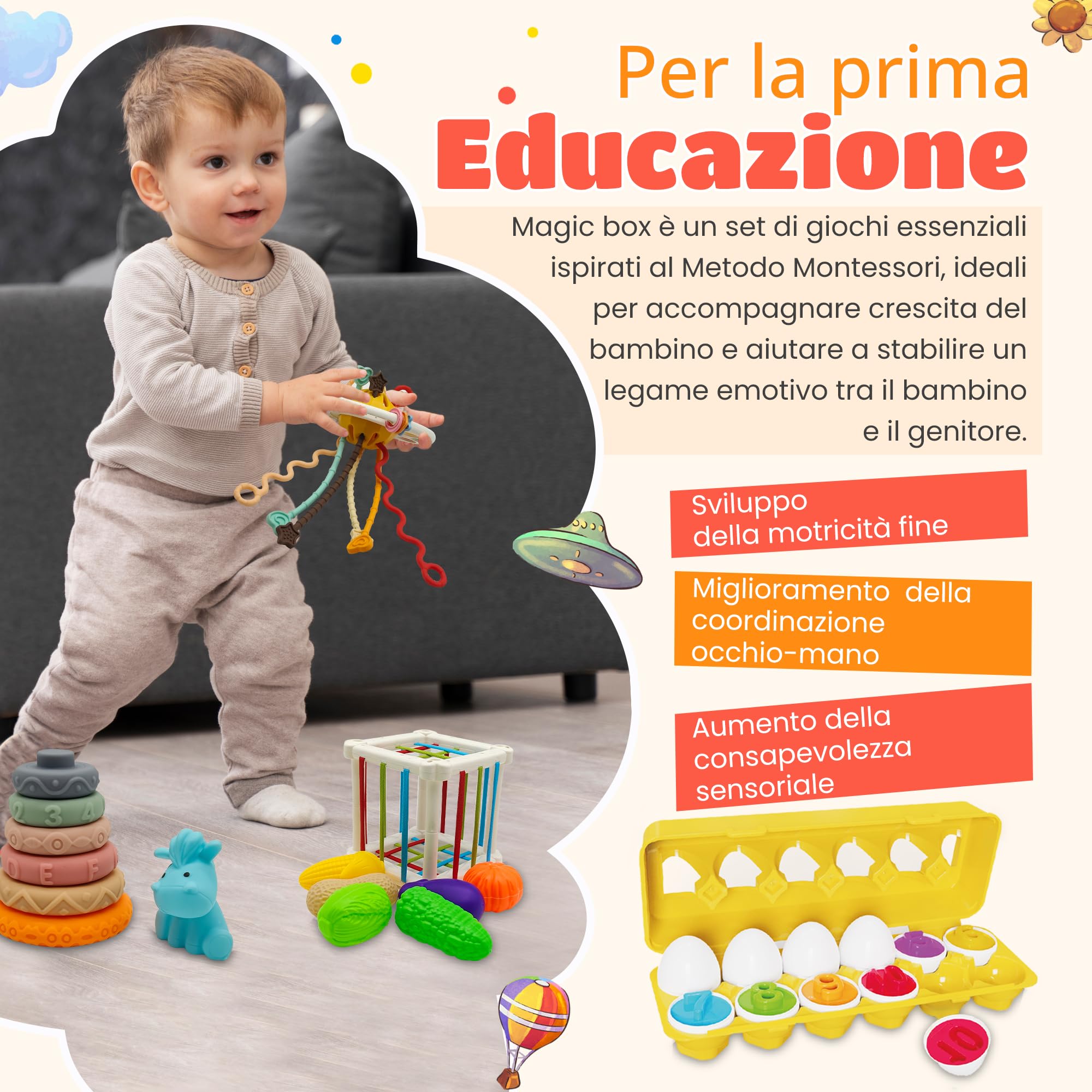 The Italian Home® Montessori Magic Box, 6+1 Giochi Montessori 1 Anno e 6 Mesi sensoriali per educare, Giochi Neonato 18 Mesi educativi per la Prima Infanzia, Giochi Montessori Neonato