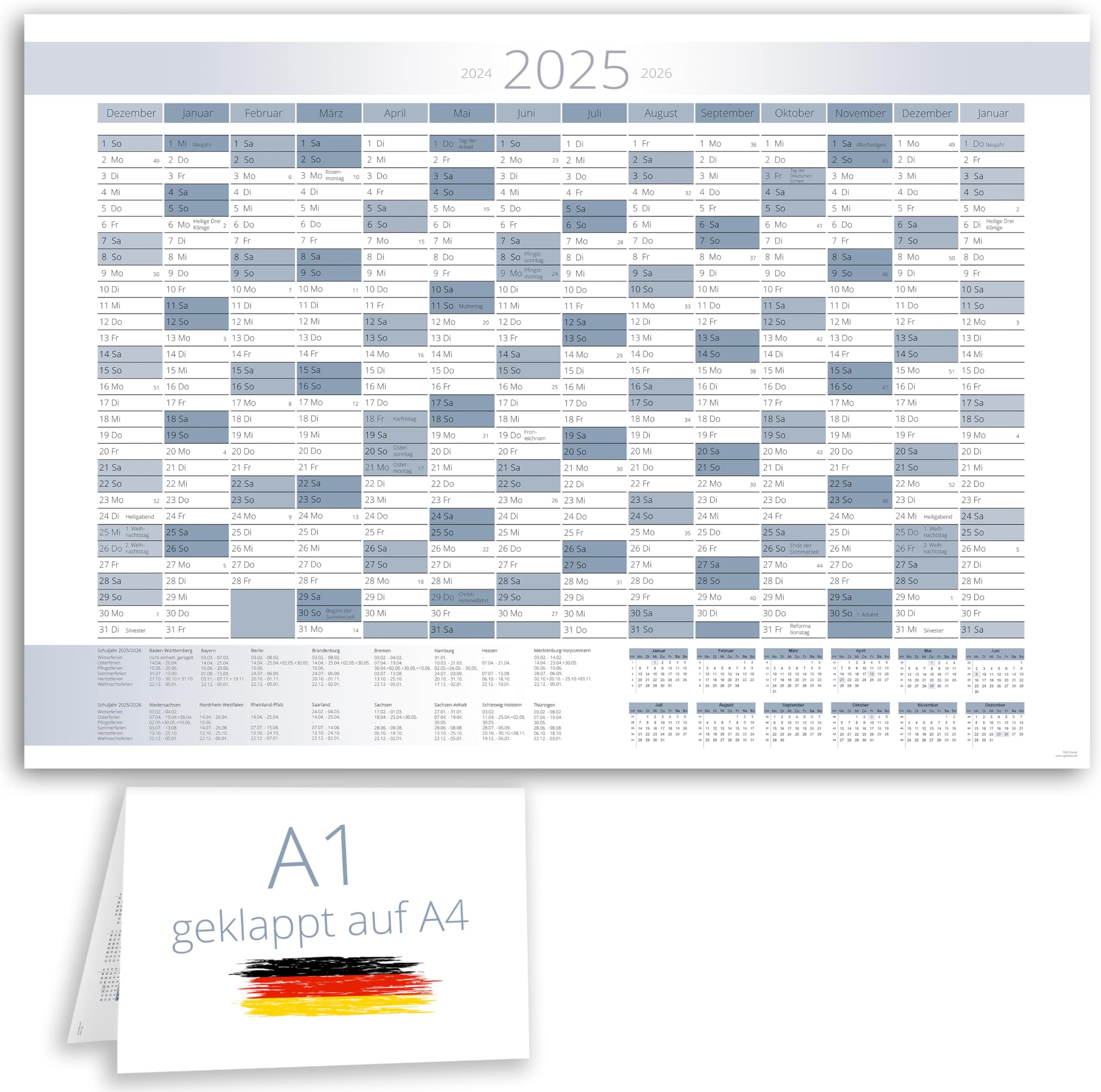 Format A1 Xxl Calendrier Mural 2026 - 14 Mois (décembre 2025 à Janvier 2027) - Espace écriture Maximal Calendrier 14 Mois