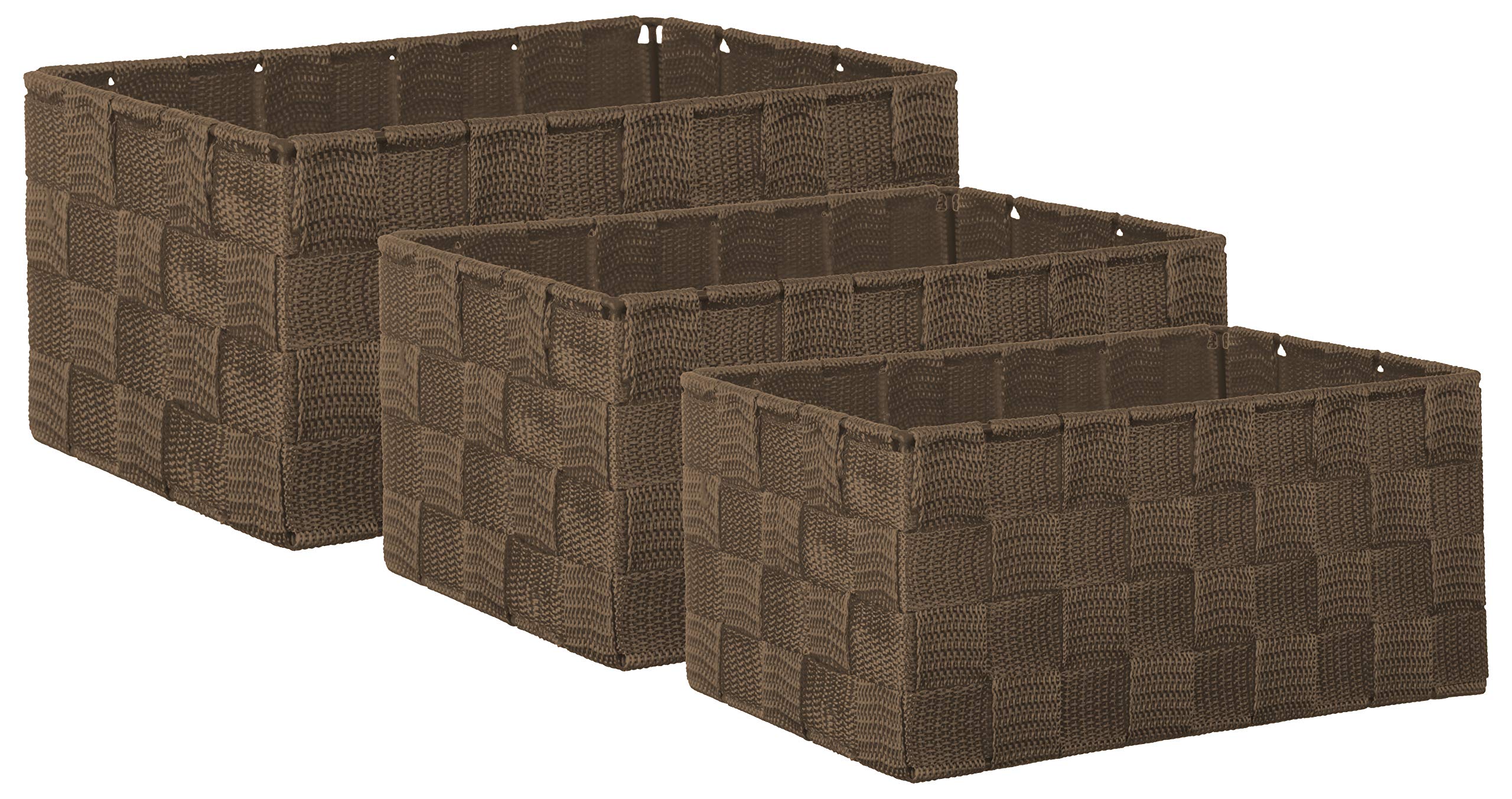 Brandsseller set di 3 Scatole Portaoggetti – 22x15x11 cm, 21x13x9,5 cm, 19x11x8,5 cm – Cestini rettangolari senza coperchio – intrecciati in effetto rattan con struttura in metallo – Marrone