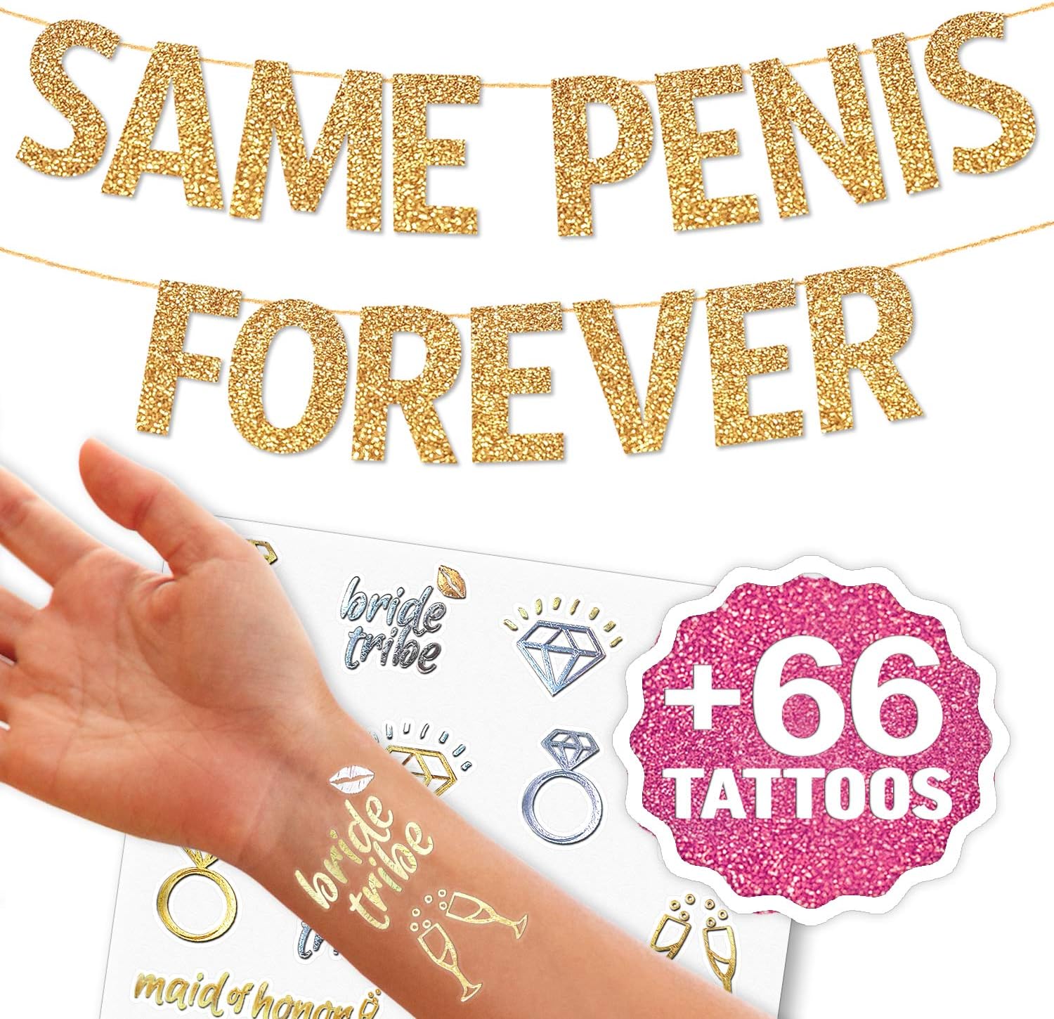 Big Same Ping Forever Banner - 7.8 Inch Tall Letters, Bachelorette Party Decorations Set with Bonus Tattoos, Hen Party Banner Sign Decorations and Supplies Kit for Bridal Shower
