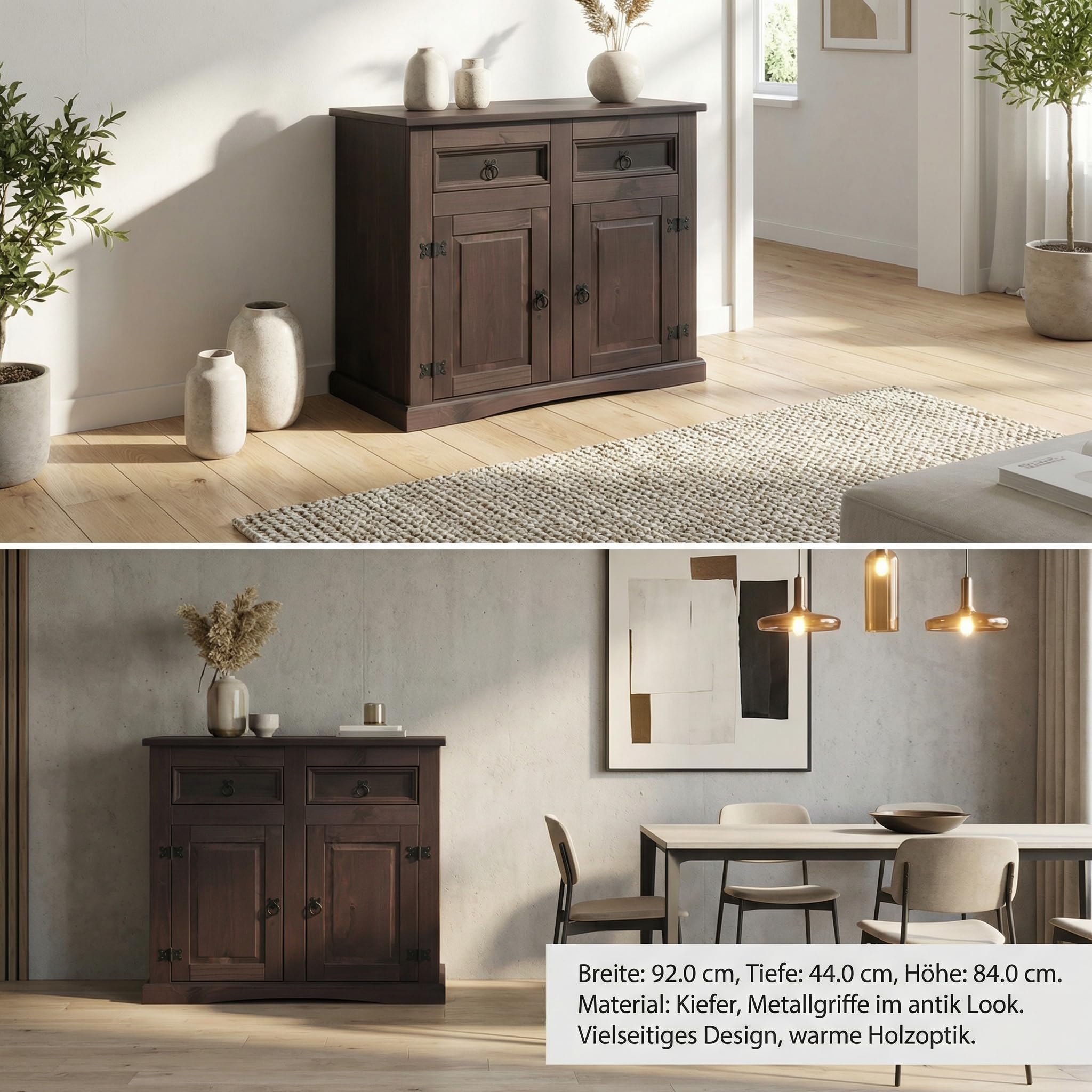 Sideboard Schlafzimmer - New Mexico 2 Türen 2 Schubladen kolonial Dunkelbraun 92x84x44 cm Kiefer massiv Kommode Anrichte Landhausstil Massivholz Stauraum Wohnzimmerschrank Buffet Holzschrank