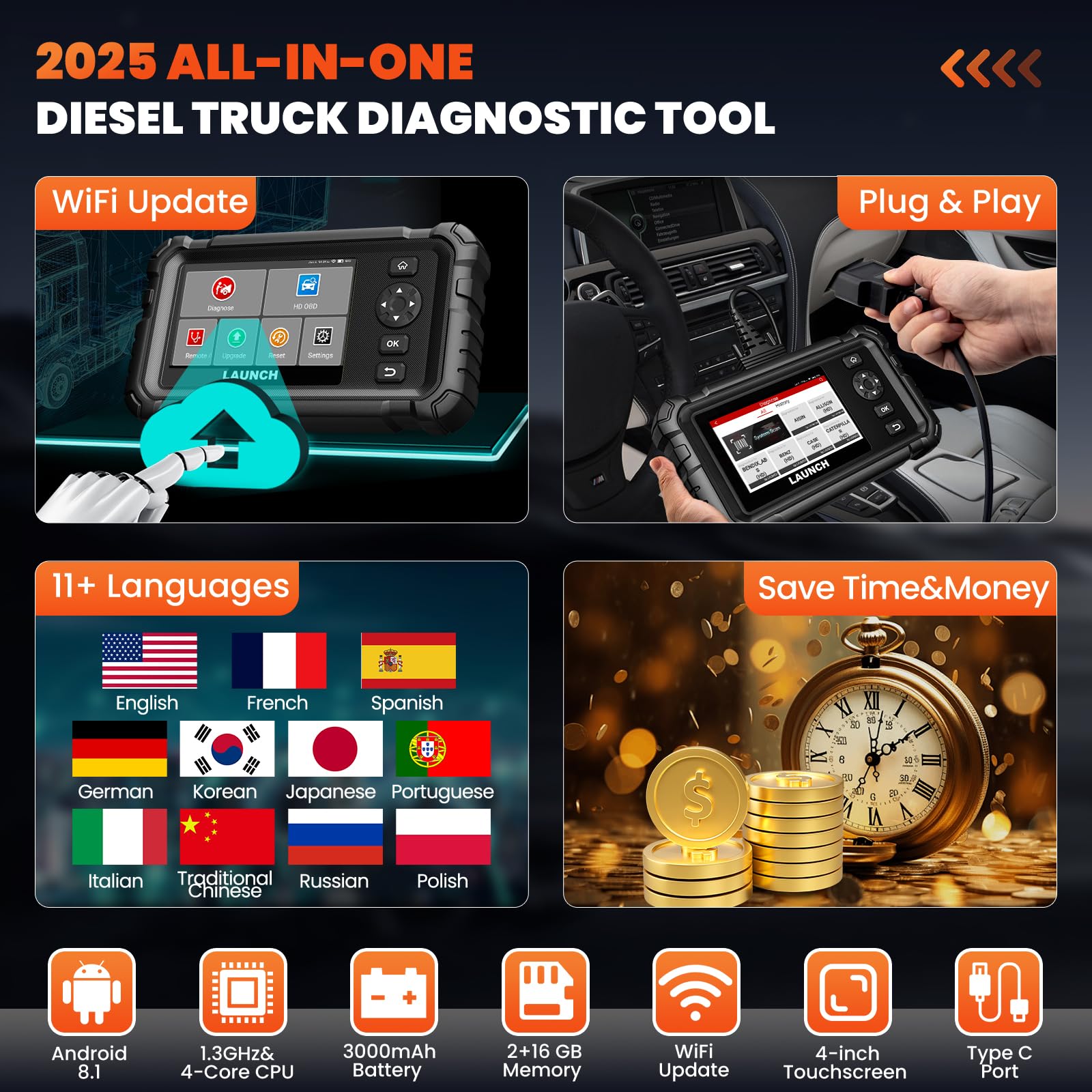 LAUNCH CRP129 HD Elite OBD2 Diagnosis Escáner for Camiones Pesados | Sistema Completo for Camiones, 7 Servicios de Restablecimiento for 99% Vehículos Comerciales. Herramienta OBD2 Diagnóstico.