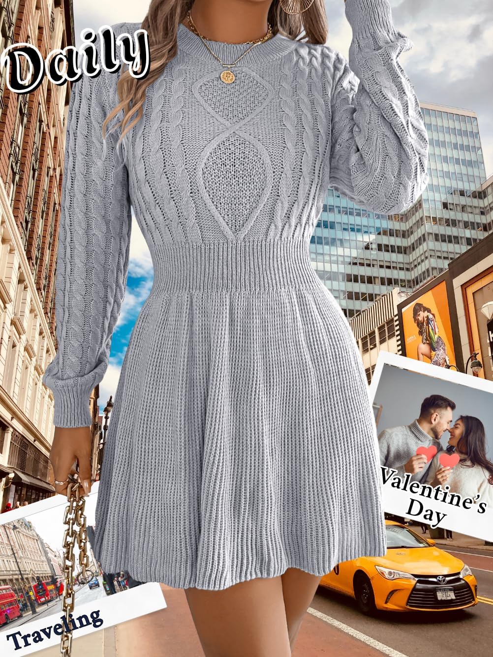 Women's Short Sweater Dress, Cinched Waist Long Sleeve Crewneck Cable Knit Dresses, Fall Winter Casual Outfits - Image 3