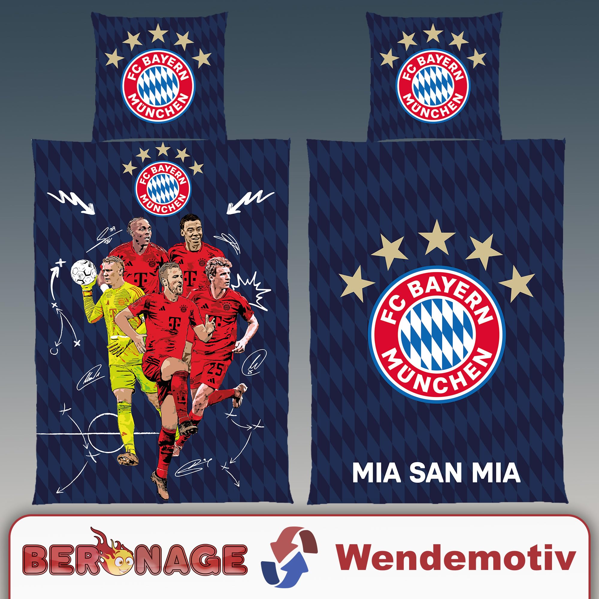 FC Bayern München Wende-Bettwäsche Player 135 x 200 + 80 x 80 cm 100% Baumwolle Linon Fußball FCB Deutscher Rekord-Meister Mia san Mia Fußball Allianz Arena deutsche Größe mit Reißverschluss