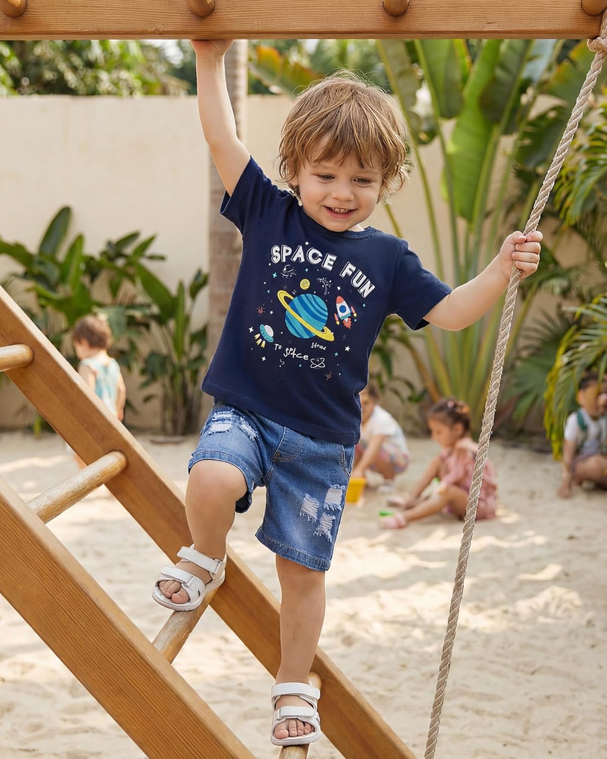 Jecson Toddler Boy Clothes Summer Outfits Short Sleeve T-shirt and Inside Ripped Holes Denim Short Stretch Sets 12M-4T - Image 7