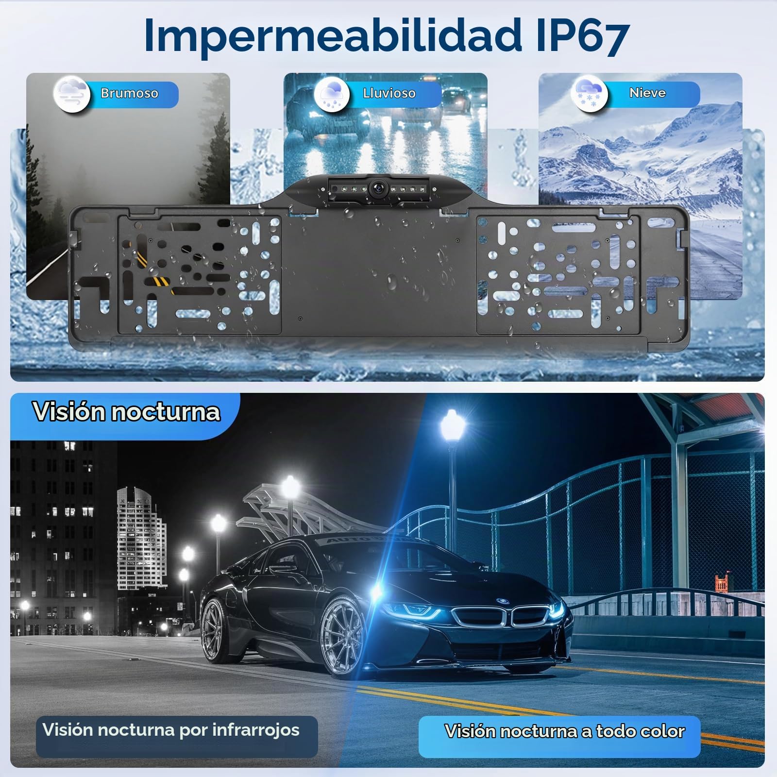 Hodozzy 1080P Placa de Matrícula con Cámara, Soporte de Matrícula para Coche Oporte de Matrícula con 150 ° Cámara Marcha Atrás Visión Nocturna Impermeable IP67 Amplio Ángulo de Visión Ajustable Cámara