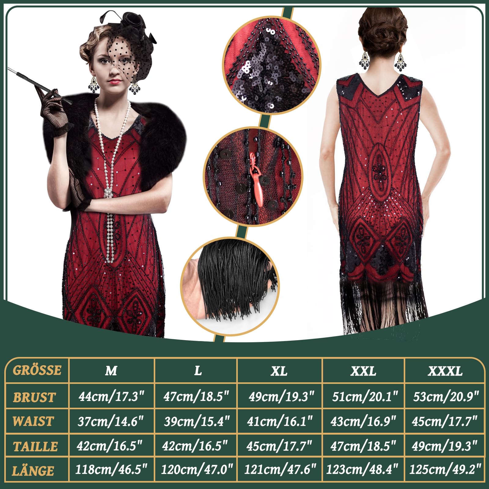 Accessoires des années 20 - Robe à franges - Col en V - Paillettes - Robe à franges - Robe à paillettes - Robe de soirée des années 20 pour femme - Robe de fête des années 20