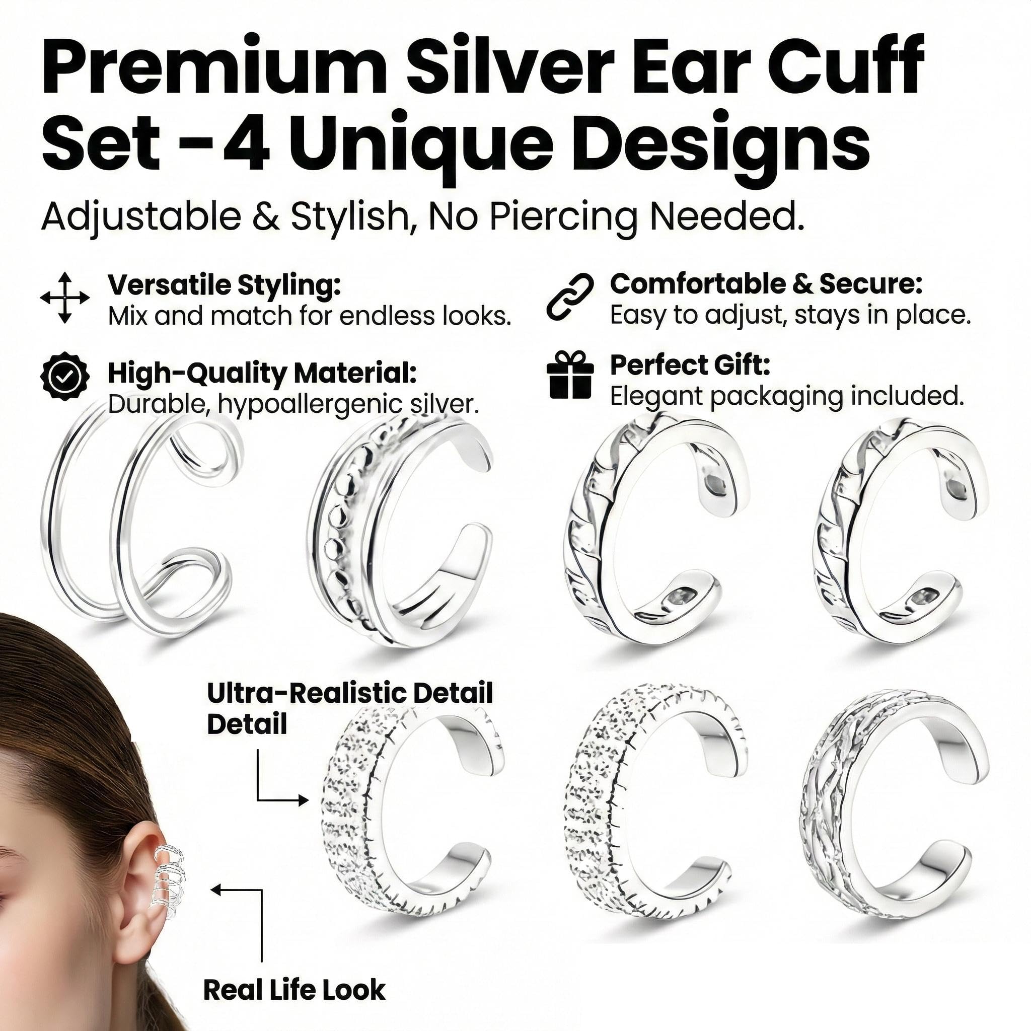 Ear cuff sin perforación para mujer, set de 3 unidades, pendientes falsos plateados, cómodos y ajustables, aptos para orejas sensibles, estilo elegante para uso diario y eventos formales