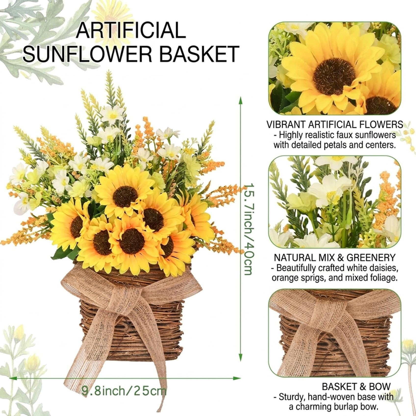 Couronne de Panier pour Porte d'entrée, Couronne de Printemps avec tournesols et nœud en Toile Jute, décoration Murale intérieure et extérieure Ferme Jaune (32 cm), Printemps