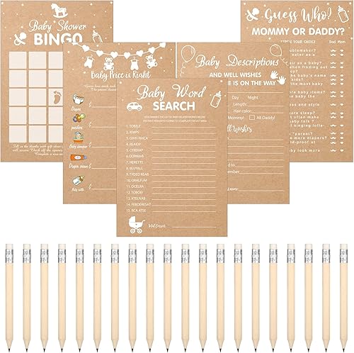 Funtery Juego de 145 tarjetas rústicas de actividades para 25 invitados con 20 lápices de papel kraft rústico para baby shower, bingo, adivina