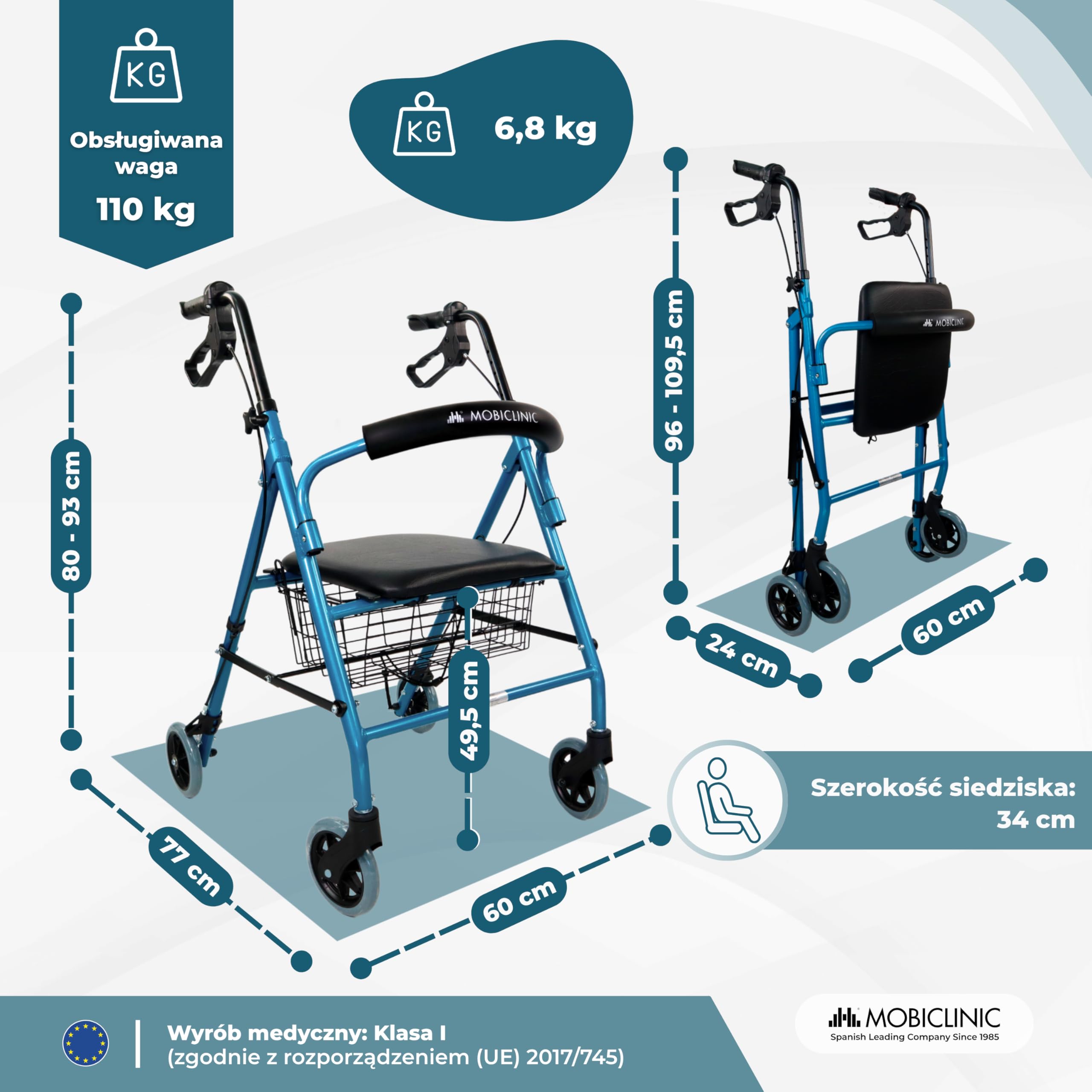 Chodzik | Składany | Aluminium | Hamulce na dźwigniach | Siedzisko i oparcie | 4 koła | Niebieski | Escorial | Mobiclinic