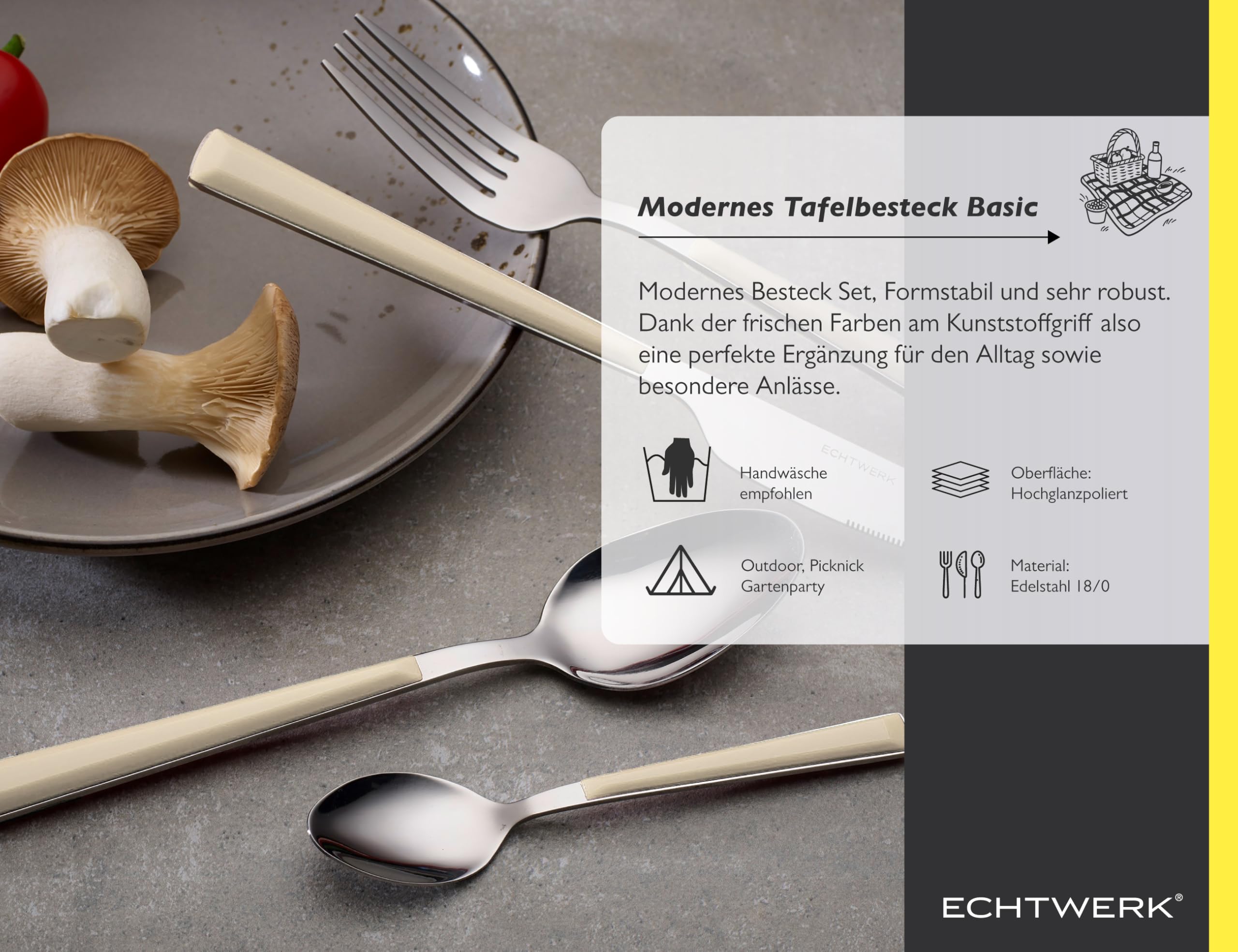 ECHTWERK Set di posate "Basic" con manici in plastica, Posate da campeggio, Posate da picnic, Posate da viaggio leggere, 24 pezzi, fino a 6 persone, acciaio inossidabile 18/0, Crema