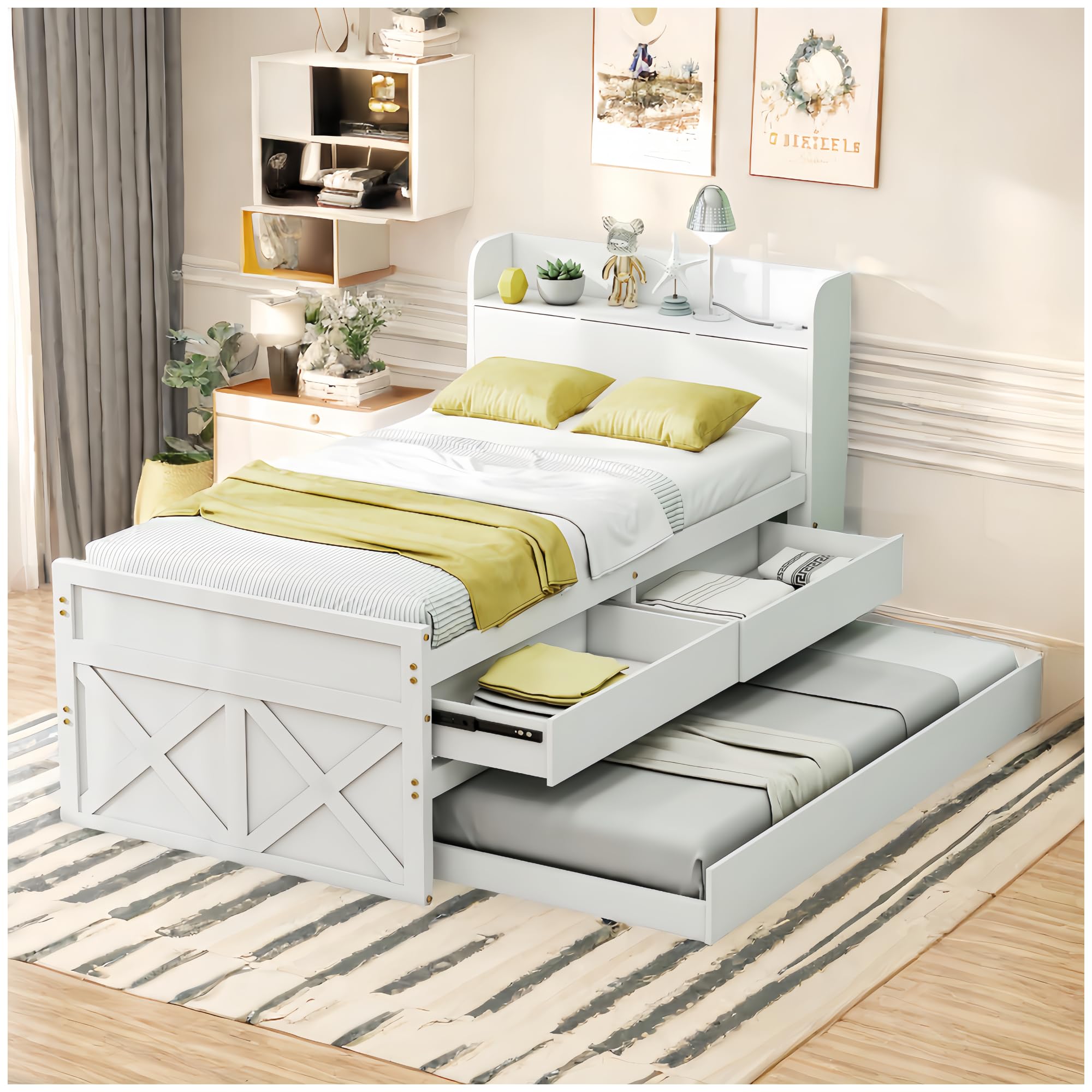 Sapgaks Lit Enfant 90x190 avec 2 tiroirs et lit escamotable,Table de Nuit avec étagères avec Prise USB,lit avec Rangement (Blanc)