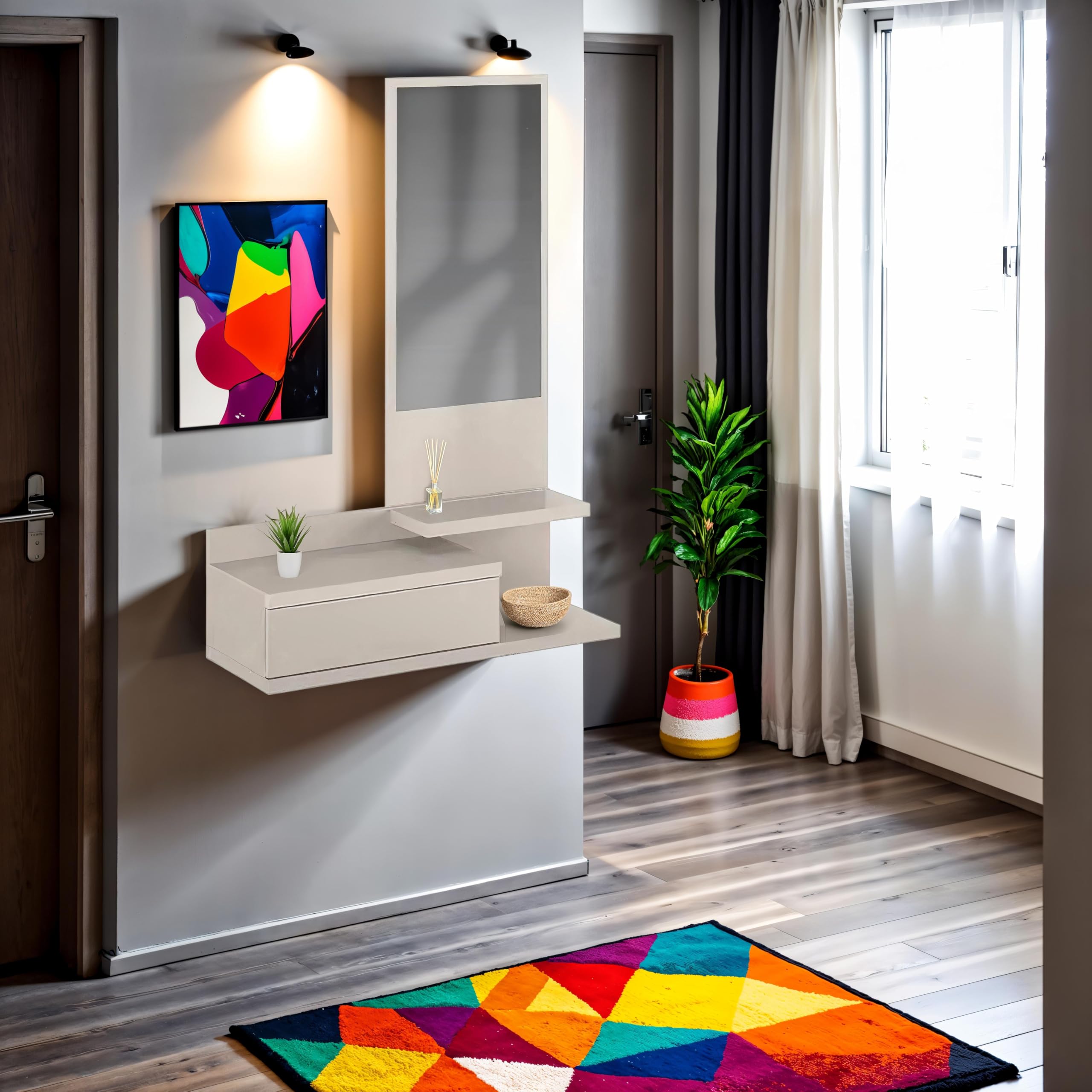 duehome | Recibidor con Cajon y Espejo, Mueble de Entrada, Modelo Fiord, Acabado en Blanco Roto, Medidas: 81 cm (Ancho) x 116 cm (Alto) x 27,4 cm (Fondo)