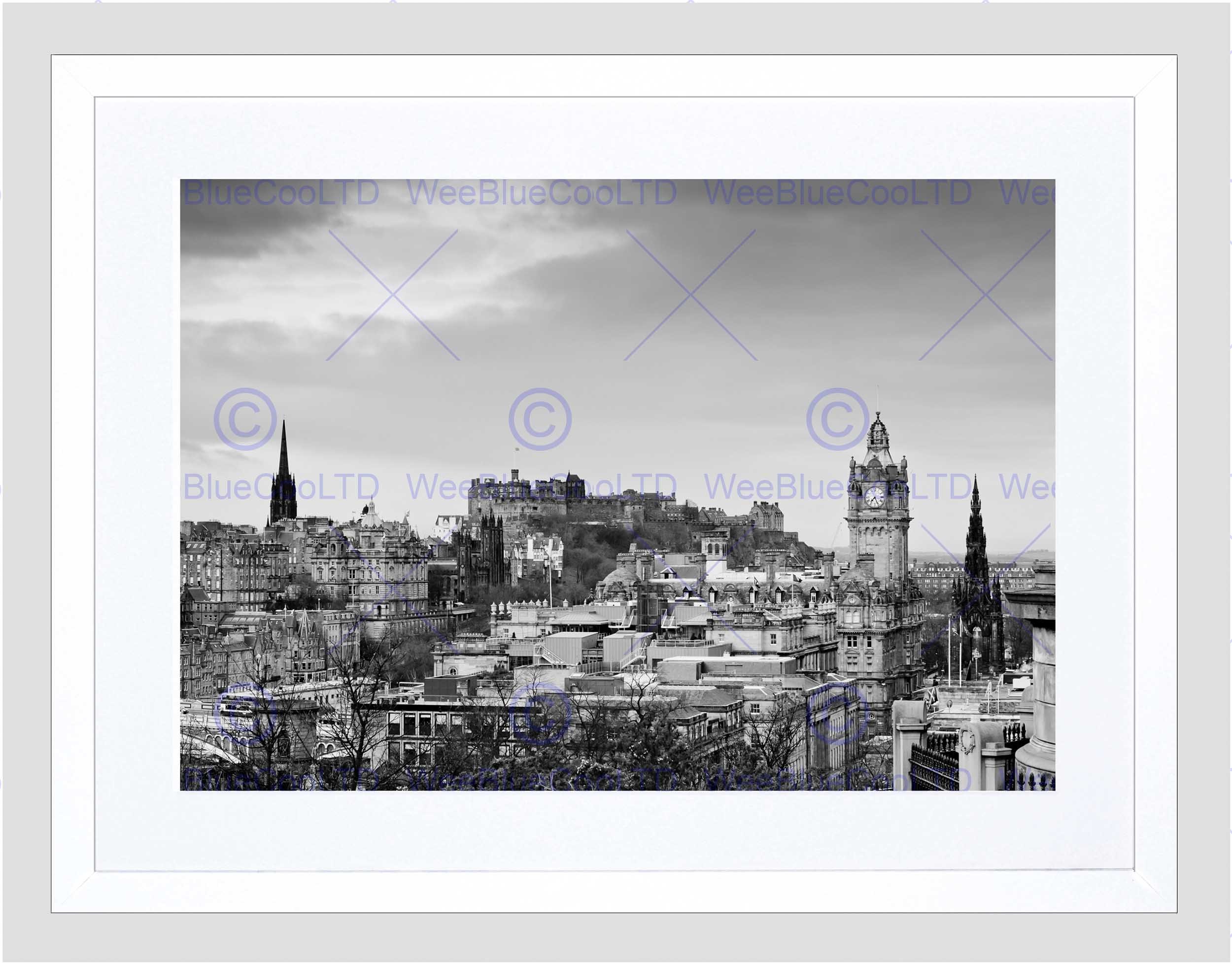 Wee Blue Coo Photo Cityscape Edinburgh Castle Rooftops Black White Framed Wall Art Print