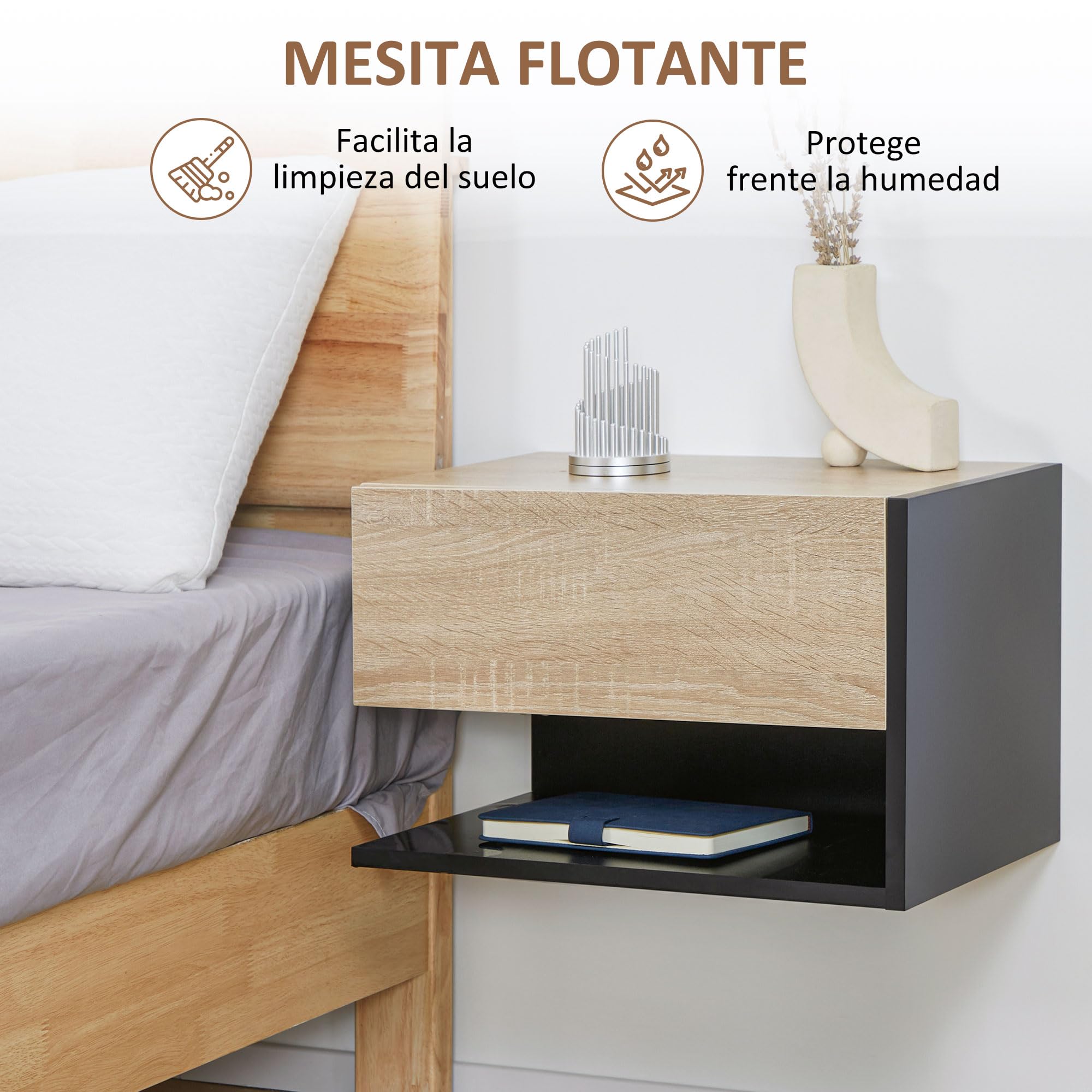 HOMCOM Juego de 2 Mesitas de Noche Flotantes Mesitas de Noche Colgantes con 1 Cajón y Estante Abierto para Dormitorio 46x30x30 cm Roble y Negro