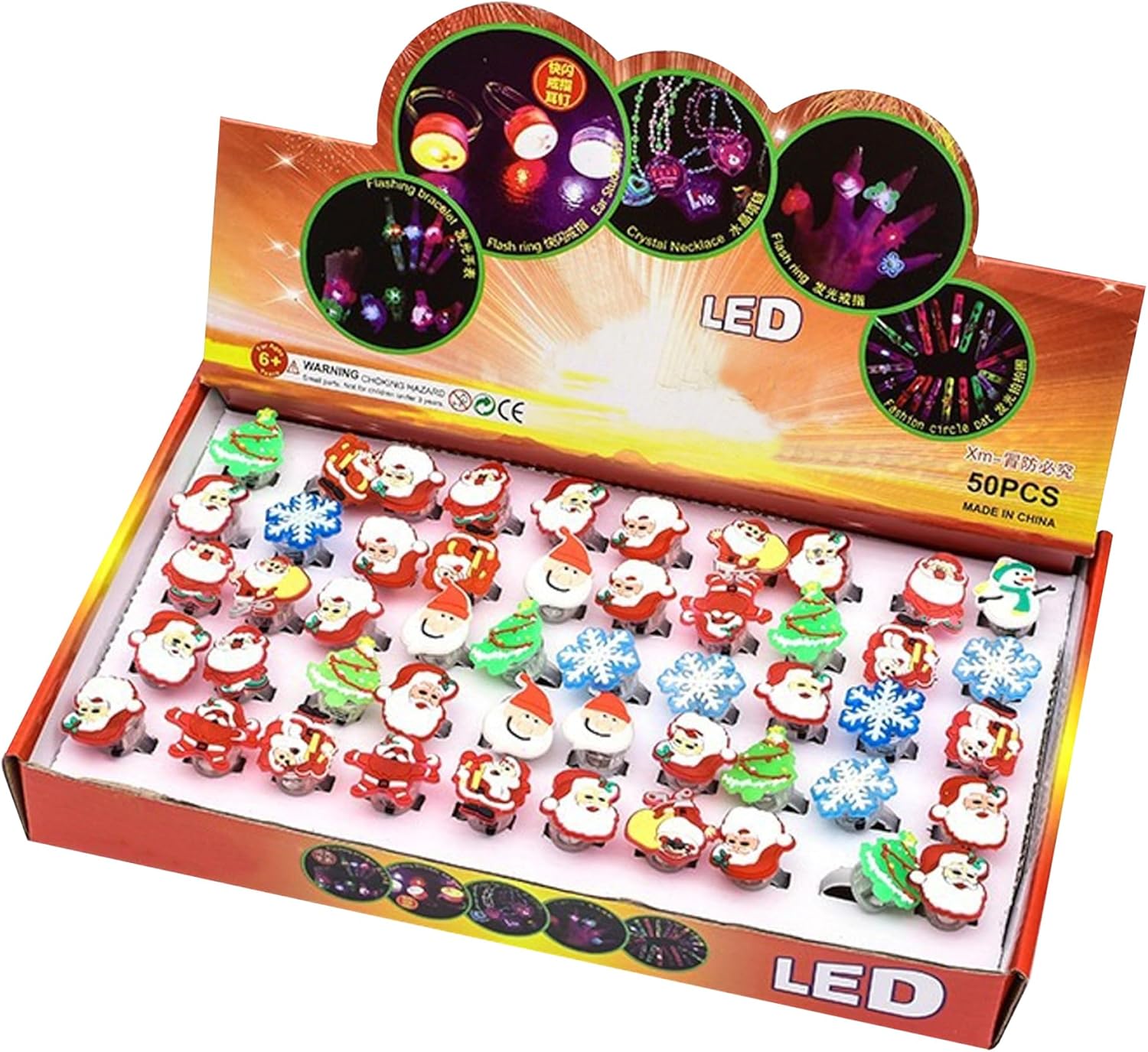 Christmas Light up Rings, 50PCS Christmas Party Favors for Kids, Glow