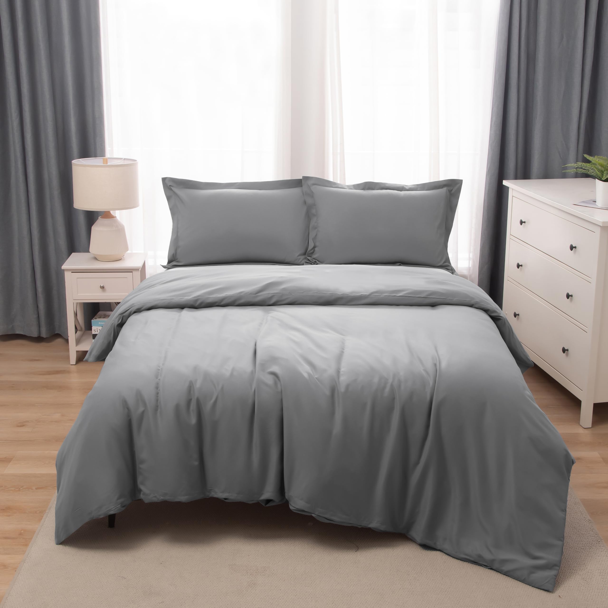 Panax Bedding Duvet Cover Queen Size Set- 1PC Duvet Cover 220x220CM / 2PC-Pillow Shams 50x75CM (Light Grey, Queen)