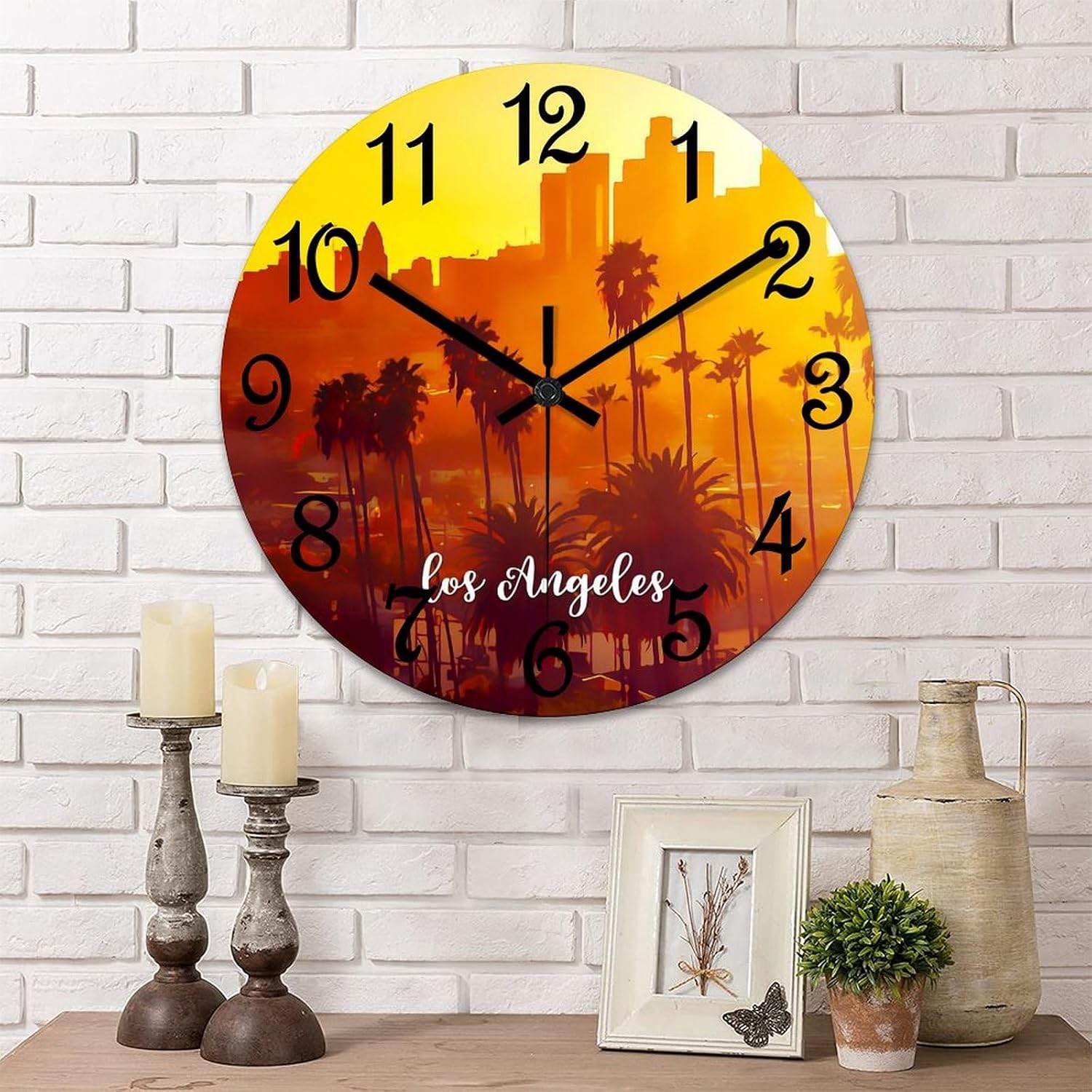 Los Angeles Clock Los Angeles Scenery Cityscape Large Wooden Wall Clock Battery Operated Silent 15 Inch Farmhouse Wall Clock Decorative for Home Kitchen Living Room Bedroom Office