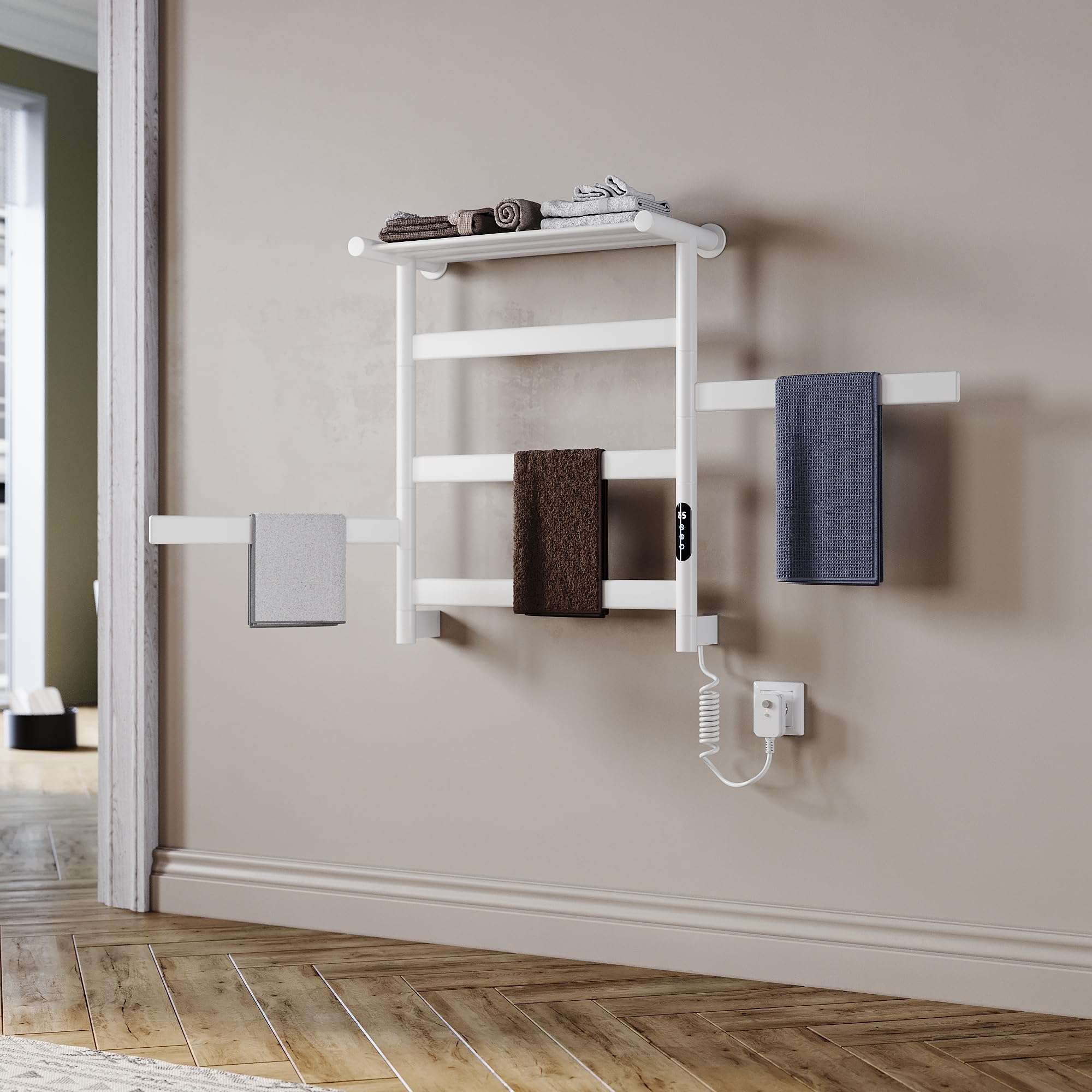 Handtuchheizkörper Elektrisch 66 x 55cm, 180° Drehung Handtuchwärmer Elektrisch mit Heiz-Ablage, WiFi Smart Thermostat für Alexa und Google Home, 30-70°C, 140W, Weiß, IPX4, Fehlerstromschutz