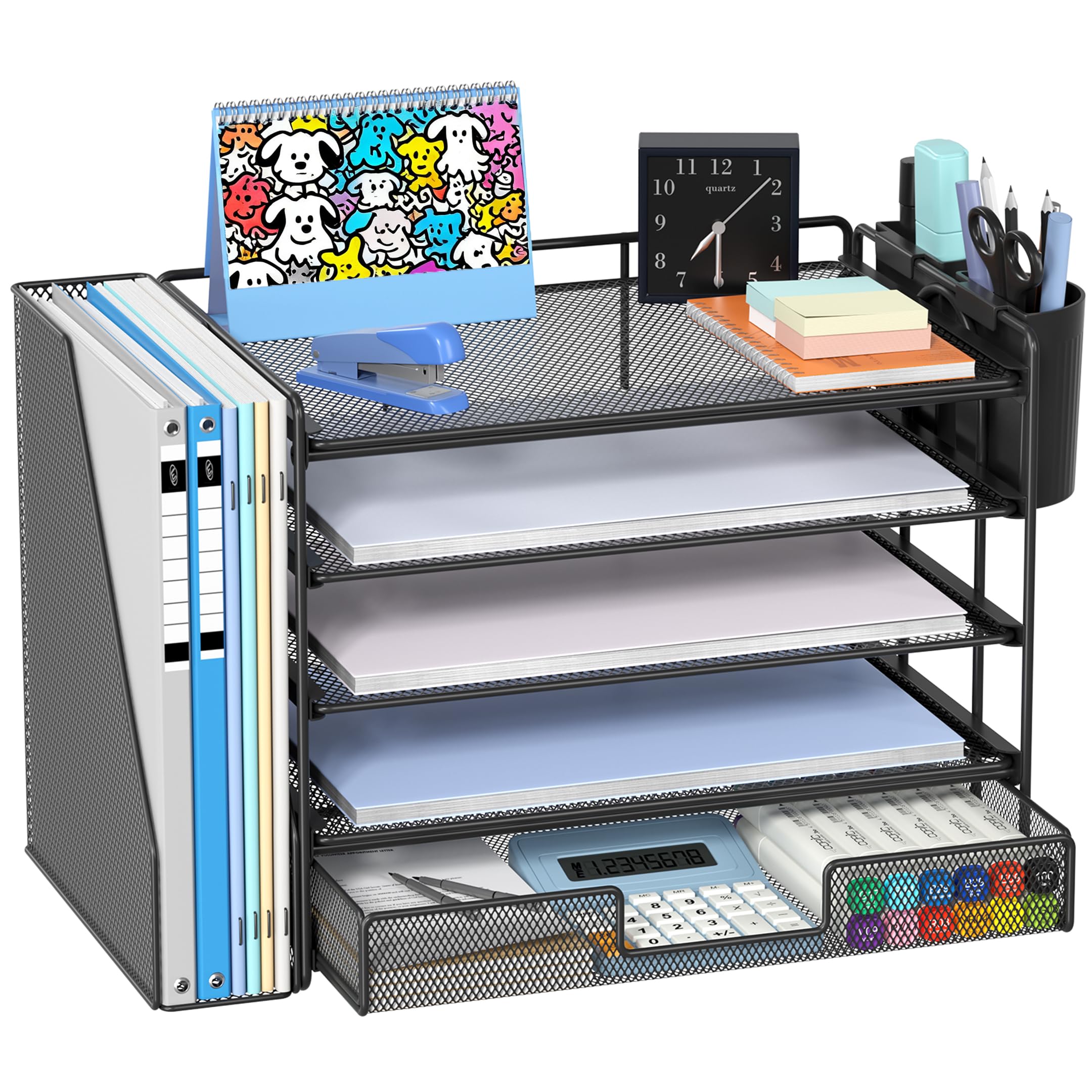 Desk Organizer with File Holder, Organisateur et Accessoire de Bureau, 5-tier Paper Letter Tray with Drawer and Pen Holder, Mesh Desktop Office Supplies for School, Home, Office (B image 7