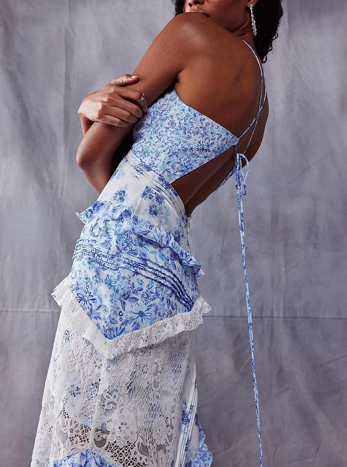 Women Y2k Floral Smocked Maxi Dress Bow Tie Shoulder Tiered Ruffle Midi Sun Dress Boho Casual Beach Long Dresses - Image 3