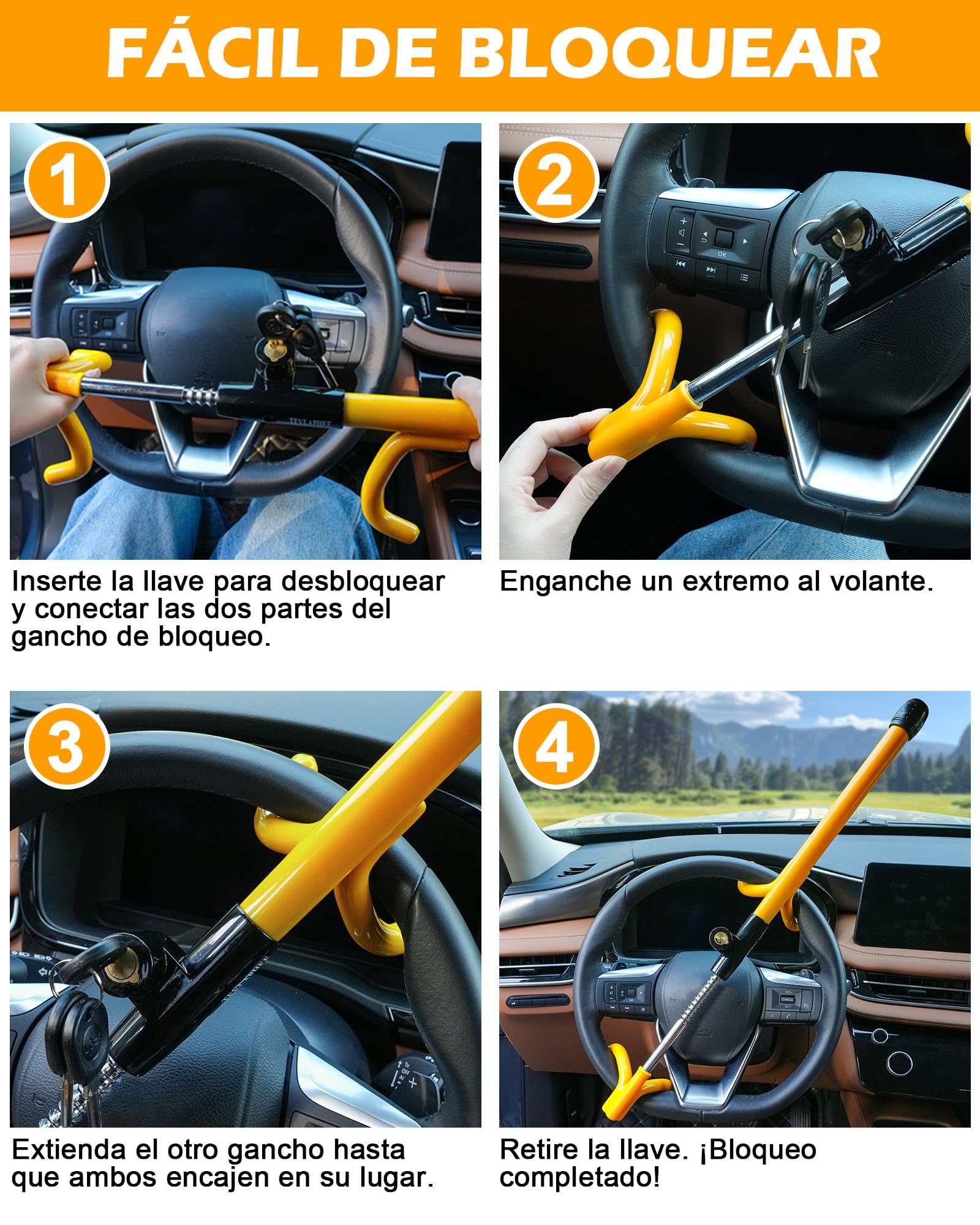 Tevlaphee Bloqueo de Volante con 4 Ganchos, Dispositivo Antirrobo Resistente de Alta Visibilidad, Ajuste Universal para Coches, Furgonetas, SUVs, Compatible con Volantes de hasta 41,5cm(Amarillo)