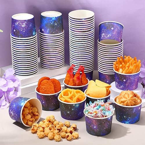 Miniatura 4 de Nuanchu 100 piezas de suministros de fiesta de galaxia espacial espacial helado vasos de papel desechables para postre aperitivos de bloque de