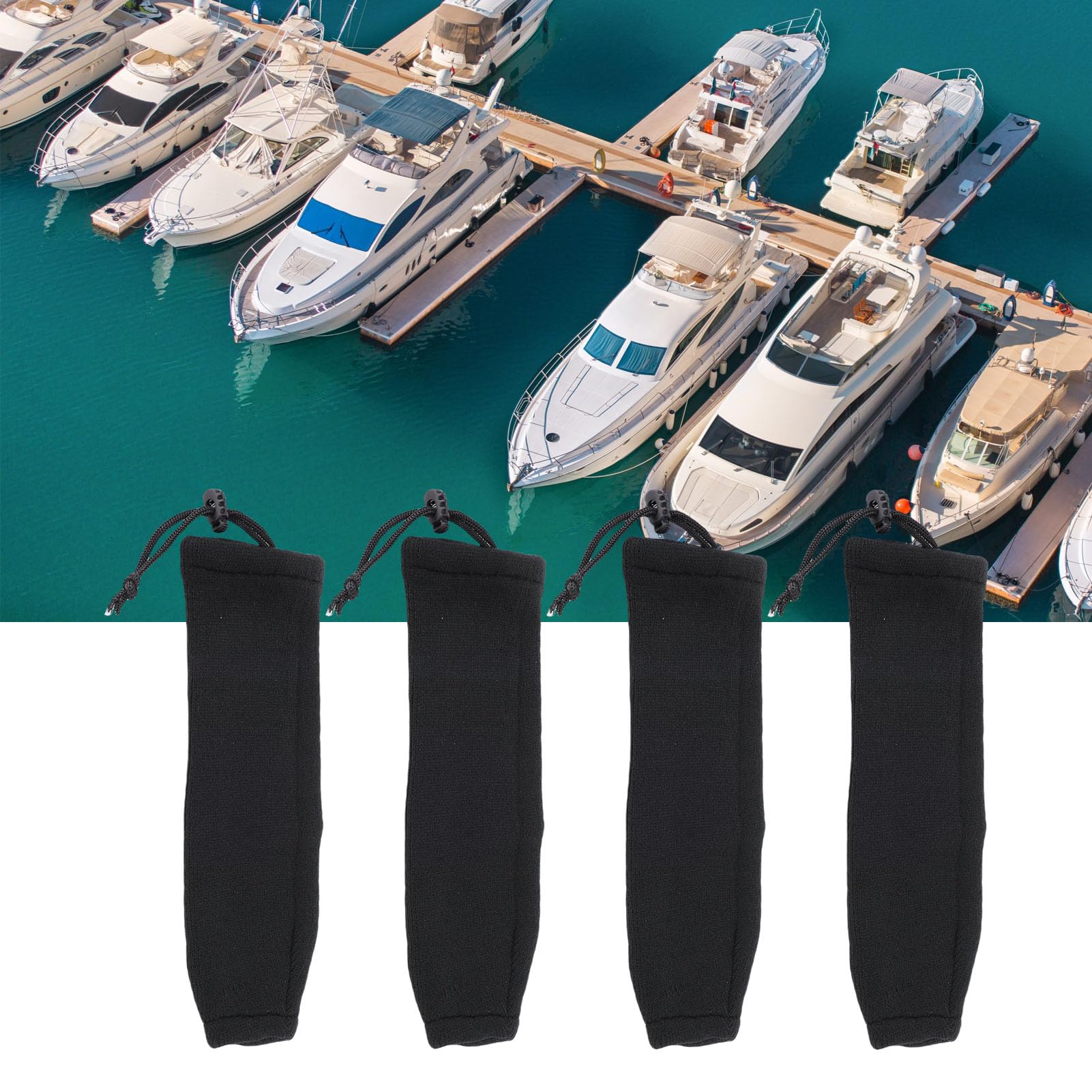 Fundas para defensas de Barco (Paquete de 4), de Fibra acrílica Negra, para defensas de Tubo de Doble Ojo y Cuerda Central, con Ajuste ceñido y protección Solar, 23 x 65 cm
