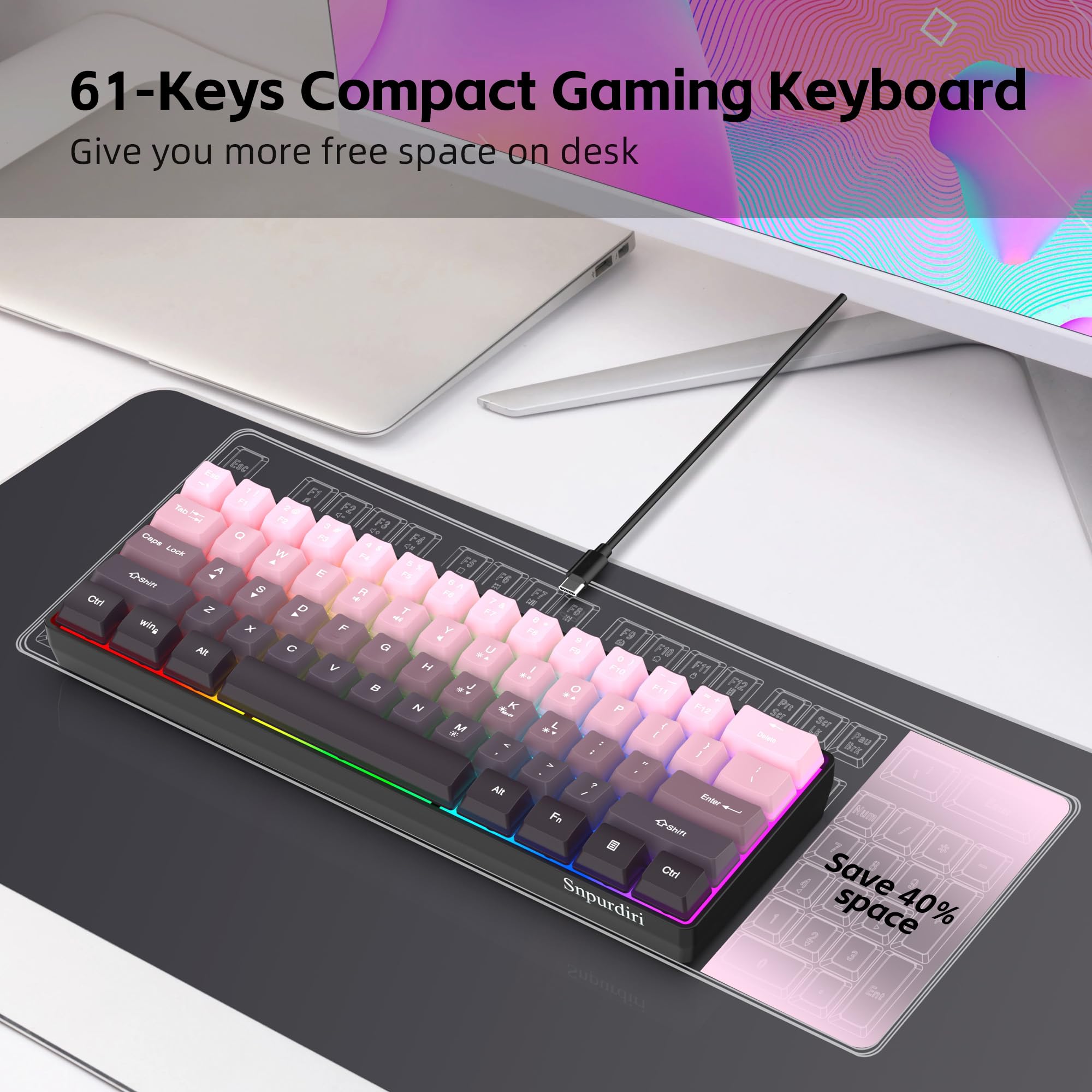 Snpurdiri 60% Wired Gaming Keyboard, Pink-Black view 4