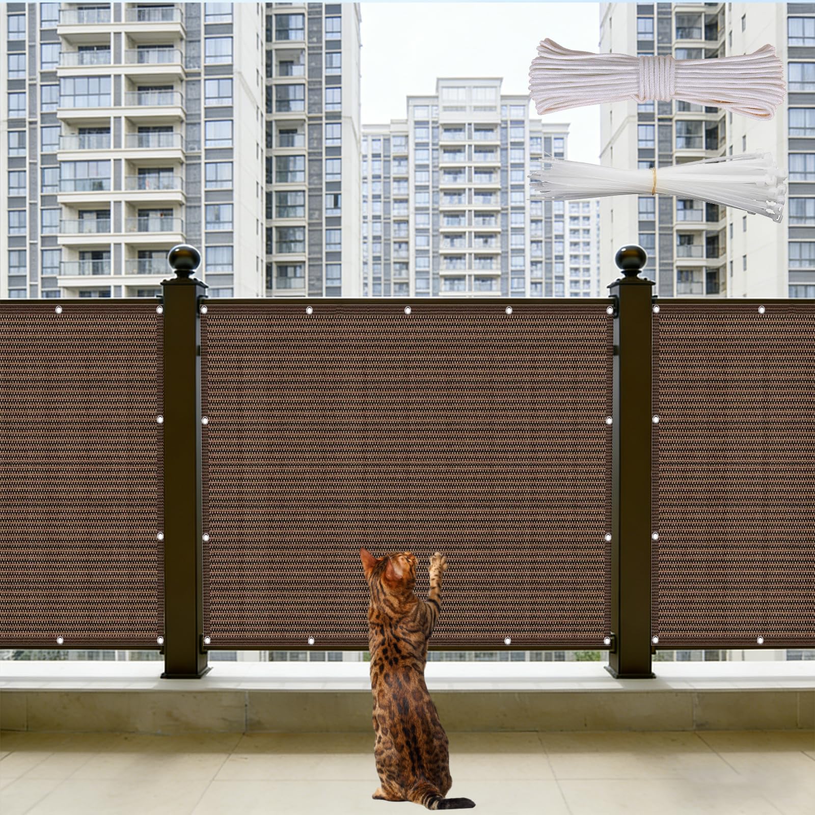Balcony Privacy Screen 100 x 550 cm in Hdpe, Breathable, UV Protection Sun Wind, Tear-Resistant, Balcony Privacy Protective Fence with Cable Ties for Garden, Patio, Fence, Brown