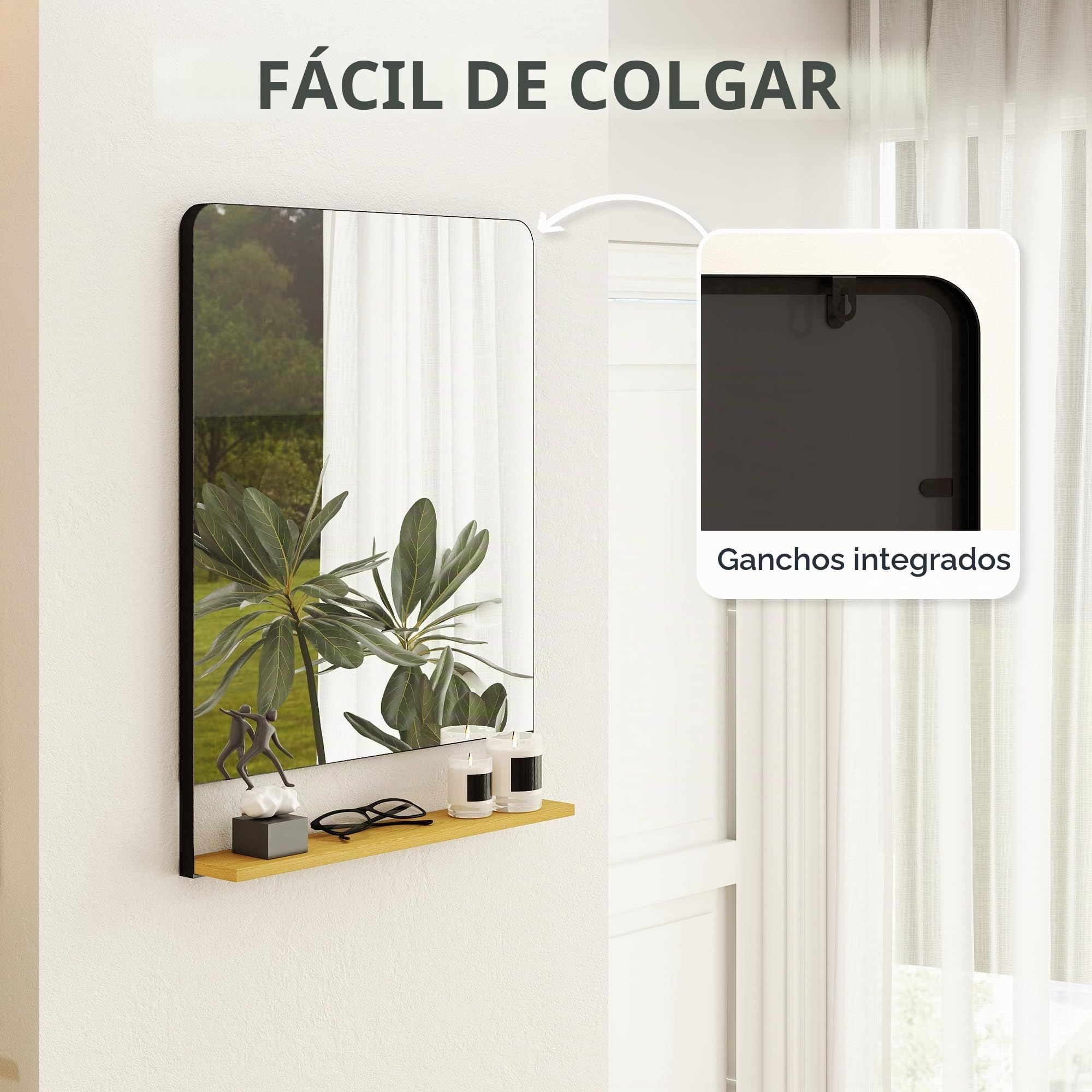 HOMCOM Espejo pared con estante madera 80x60 cm Marco metálico negro | Espejo rectangular, para entrada, salón, baño