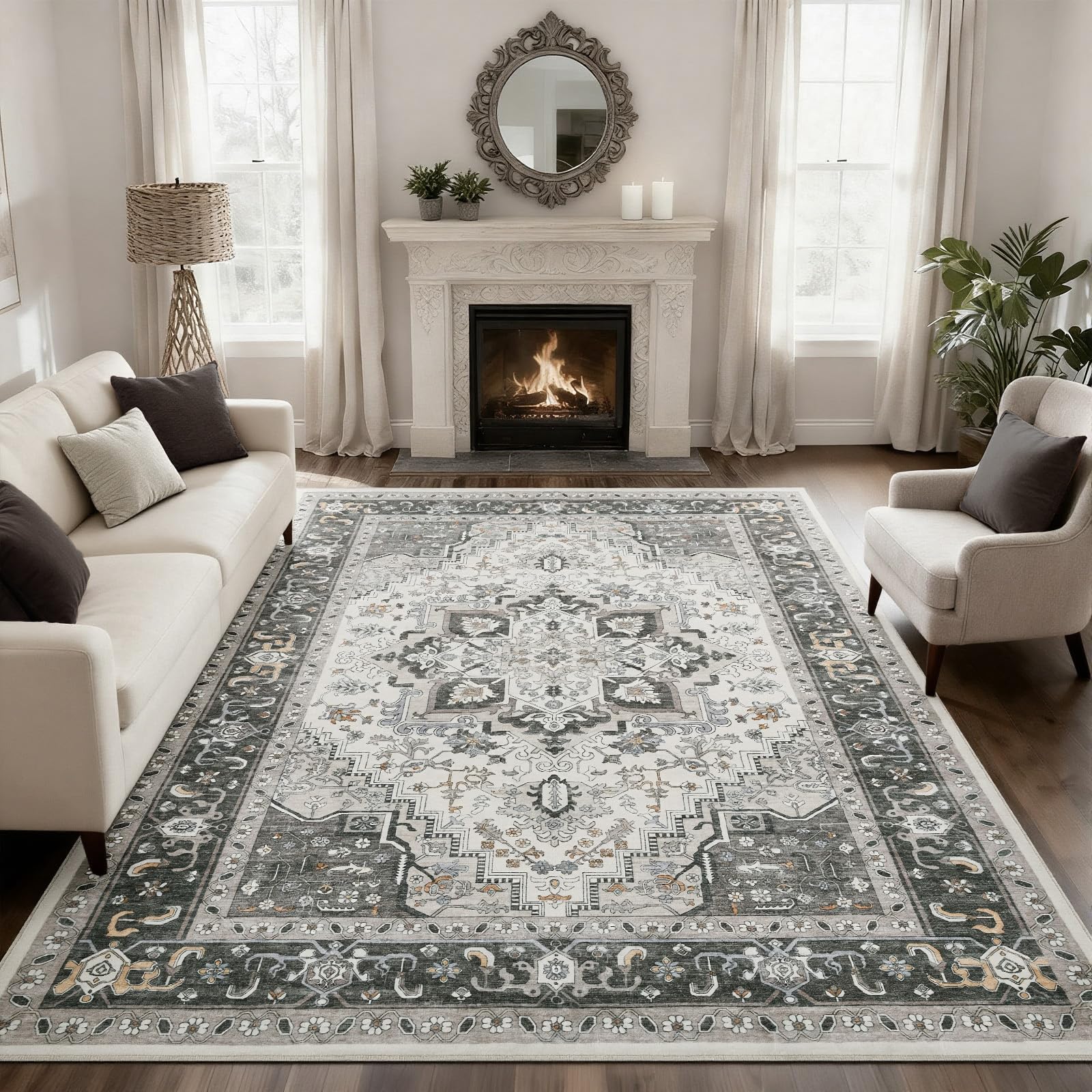 Washable 8X10 Area Rugs for Living Room Soft Low Pile Vintage Rugs with Non Slip Rubber Backing Boho